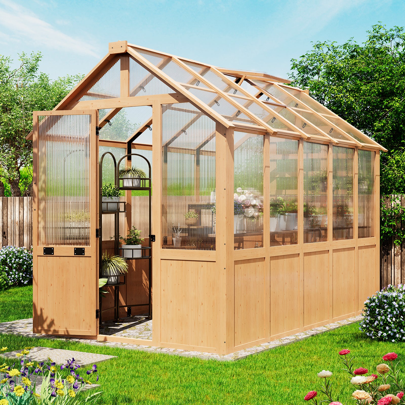 HOMREST 6x10 FT Wooden Greenhouse for Outdoors, Walk-in Greenhouse Kit with 4mm Polycarbonate Panels, Adjustable Roof Vent, Lockable Door, Backyard Greenhouse for Plants and Vegetables