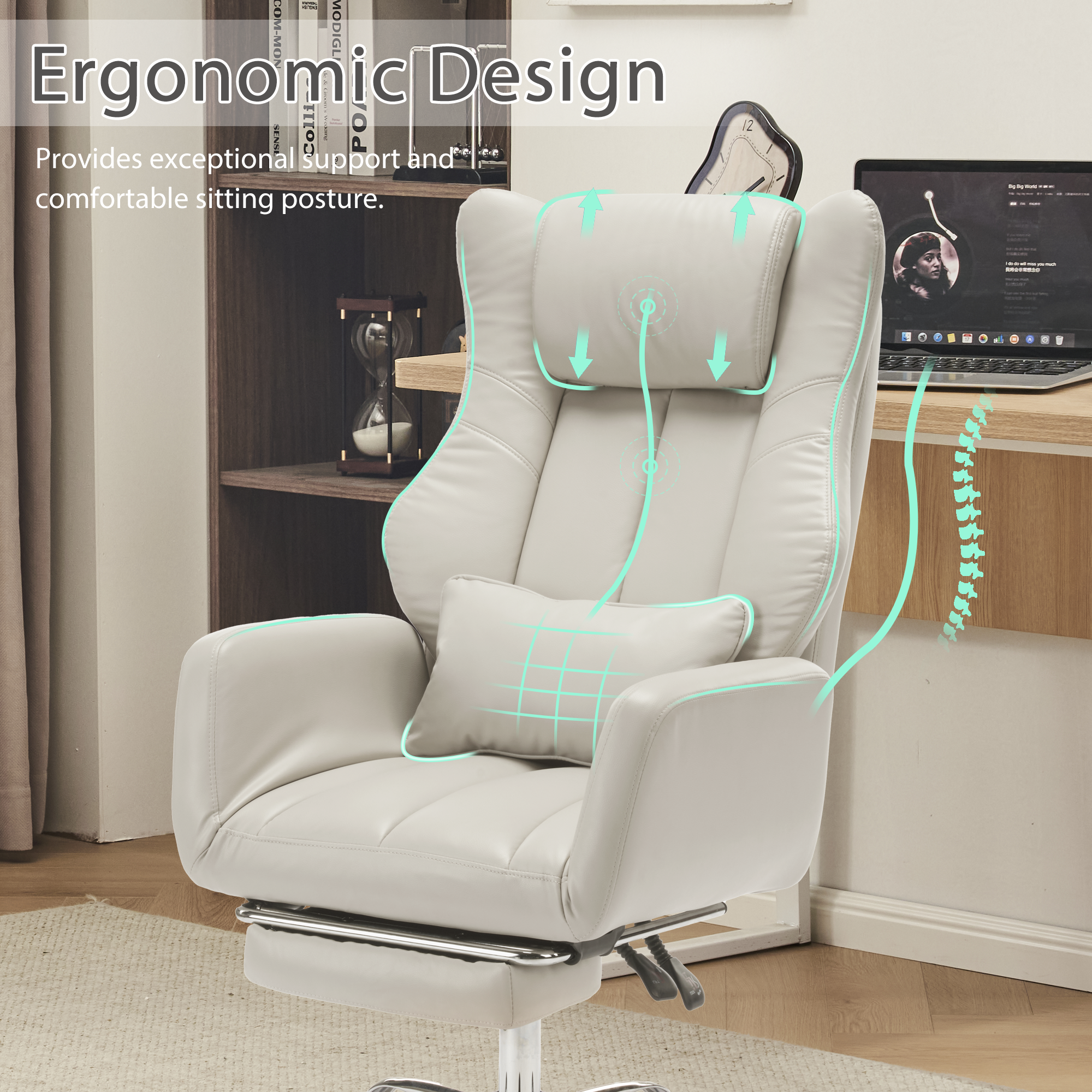 HOMREST Ergonomic Cross Legged Office Chair with Footrest,Big and Tall Leather Executive Chair with Reversible Armrest,Lumbar Pillow and Wheels,155° Reclining Computer Wide Desk Chair for Home,Office (Beige)