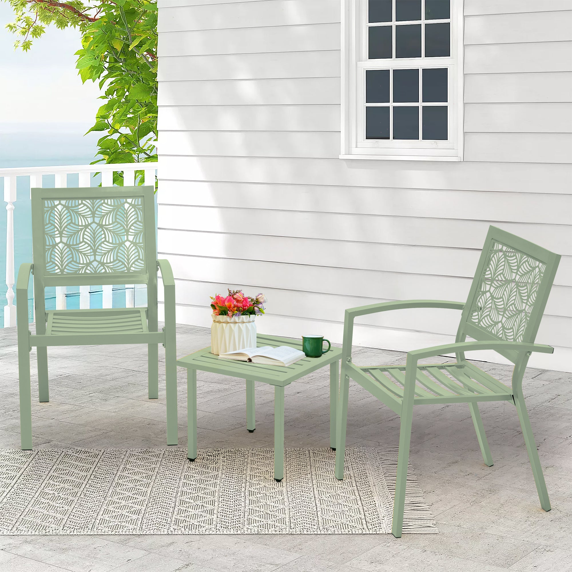 HOMREST 3-Piece Outdoor Bistro Set – Metal Chairs & Table, Sage Green