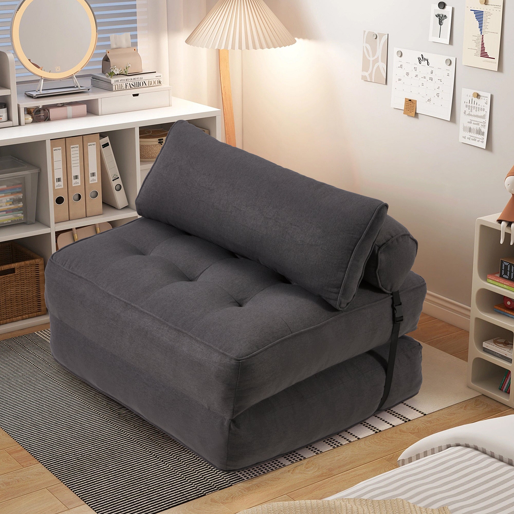 HOMREST Folding Out Chair Bed, Convertible Sofa Bed with 2 Pillows, Dark Gray