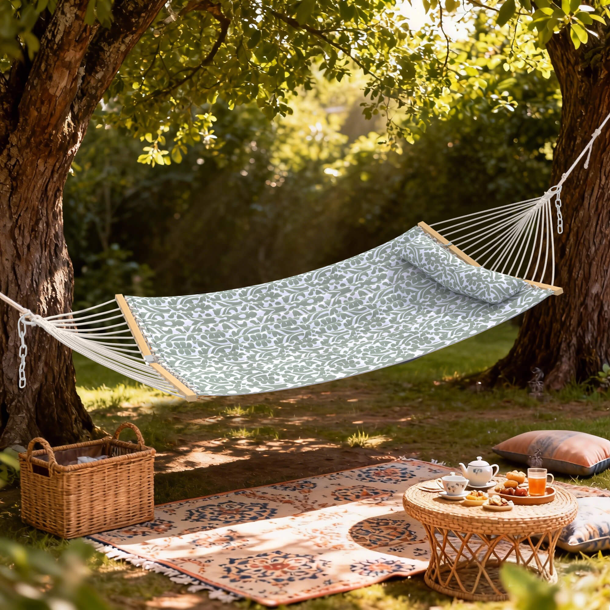 HOMREST Modern Portable Hammock, Outdoor Rope Hammock for Backyard, Beach & Camping, Gray Floral