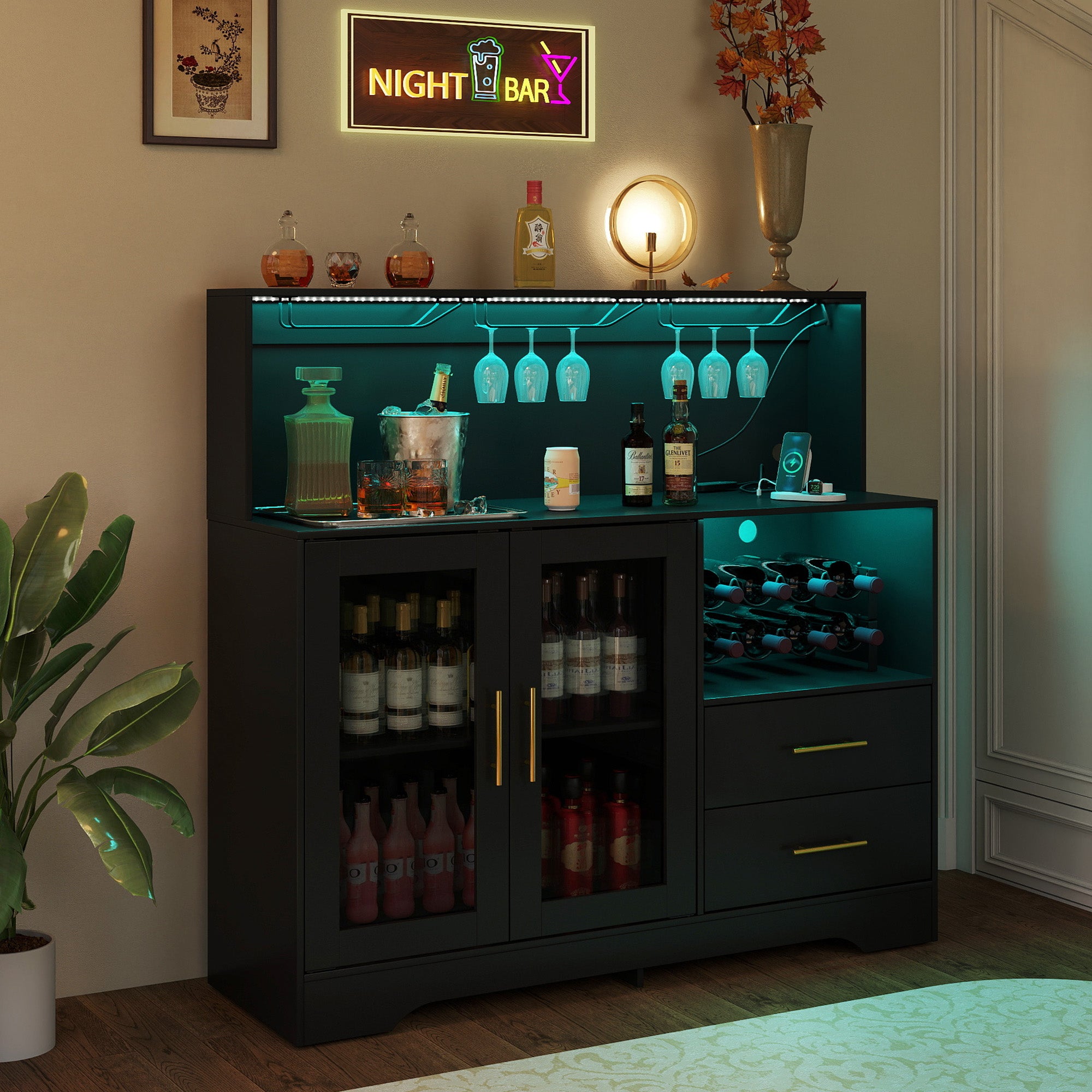HOMREST Modern Wine Bar Cabinet With Led Lights, Coffee Bar With Wine Racks And Glass Holder, Charging Station,  Black