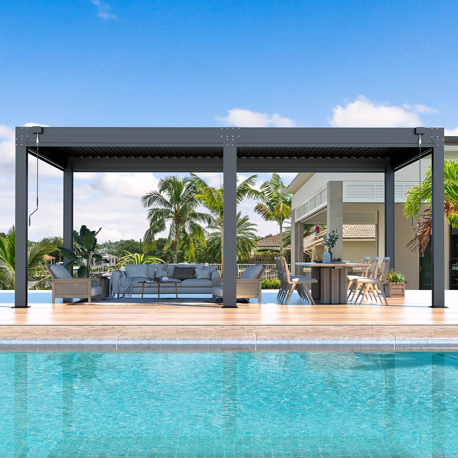 HOMREST 10x20FT Louvered Pergola with 6-Panel Pull-Down Screen, Dark Gray