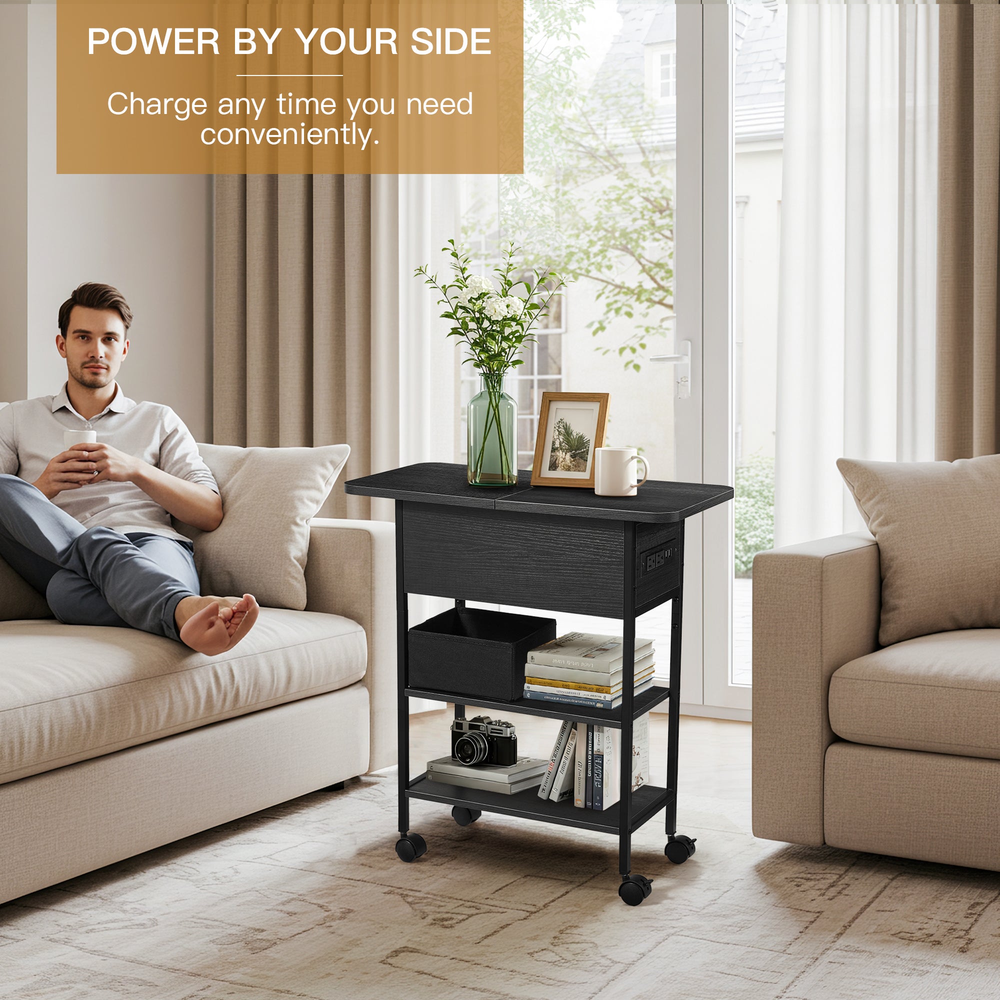 HOMREST Multi-Functional Flip Side Table, 360° Swivel Wheels & Storage Shelf for Living Room/Bedroom, Rustic Brown Wood End Table, Black