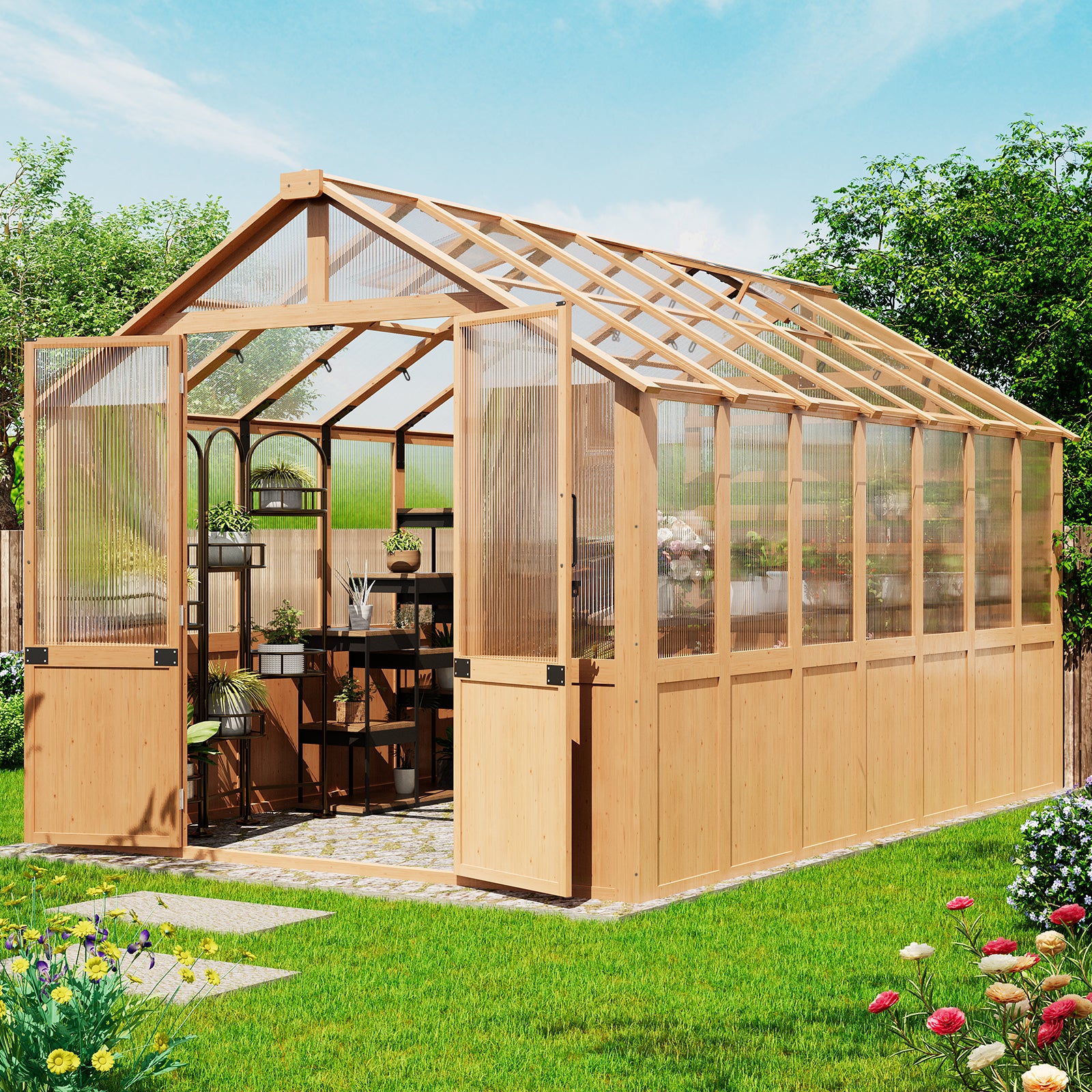 HOMREST 8x12 FT Wooden Greenhouse for Outdoors, Large Walk-in Greenhouse Kit with 4mm Polycarbonate Panels, Adjustable Roof Vent, Lockable Door, Outdoor Greenhouse for Backyard Garden
