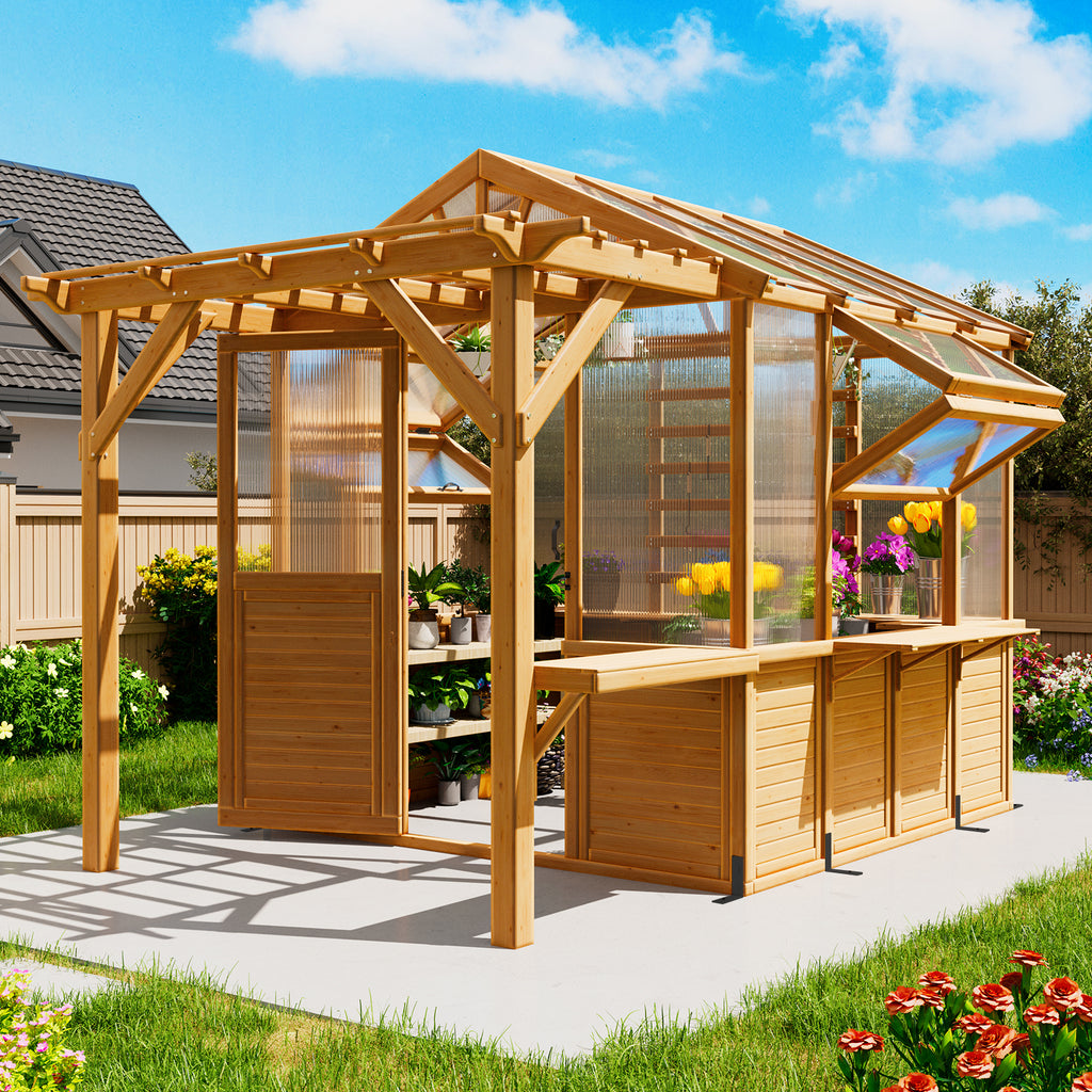 HOMREST 7x11 FT Spruce Wood Greenhouse with Pergola, Walk-in Polycarbonate Greenhouse Kit with Top-Hung Windows, Built-in Workstation and Staging Shelves for Backyard Garden