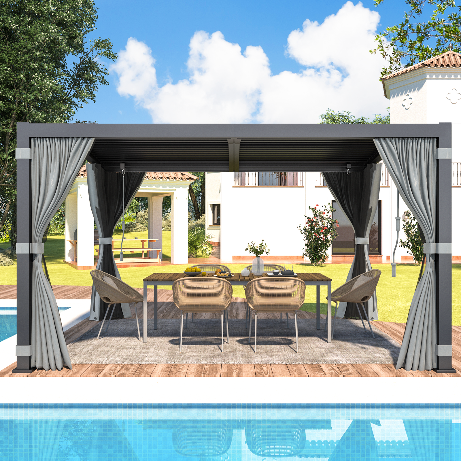 HOMREST Louvered Pergola 11x13 Outdoor Hard Top Pergola with Aluminum Frame and Adjustable Metal Rainproof Roof for Garden & Patio, Curtains and Netting Included, Gray-Black