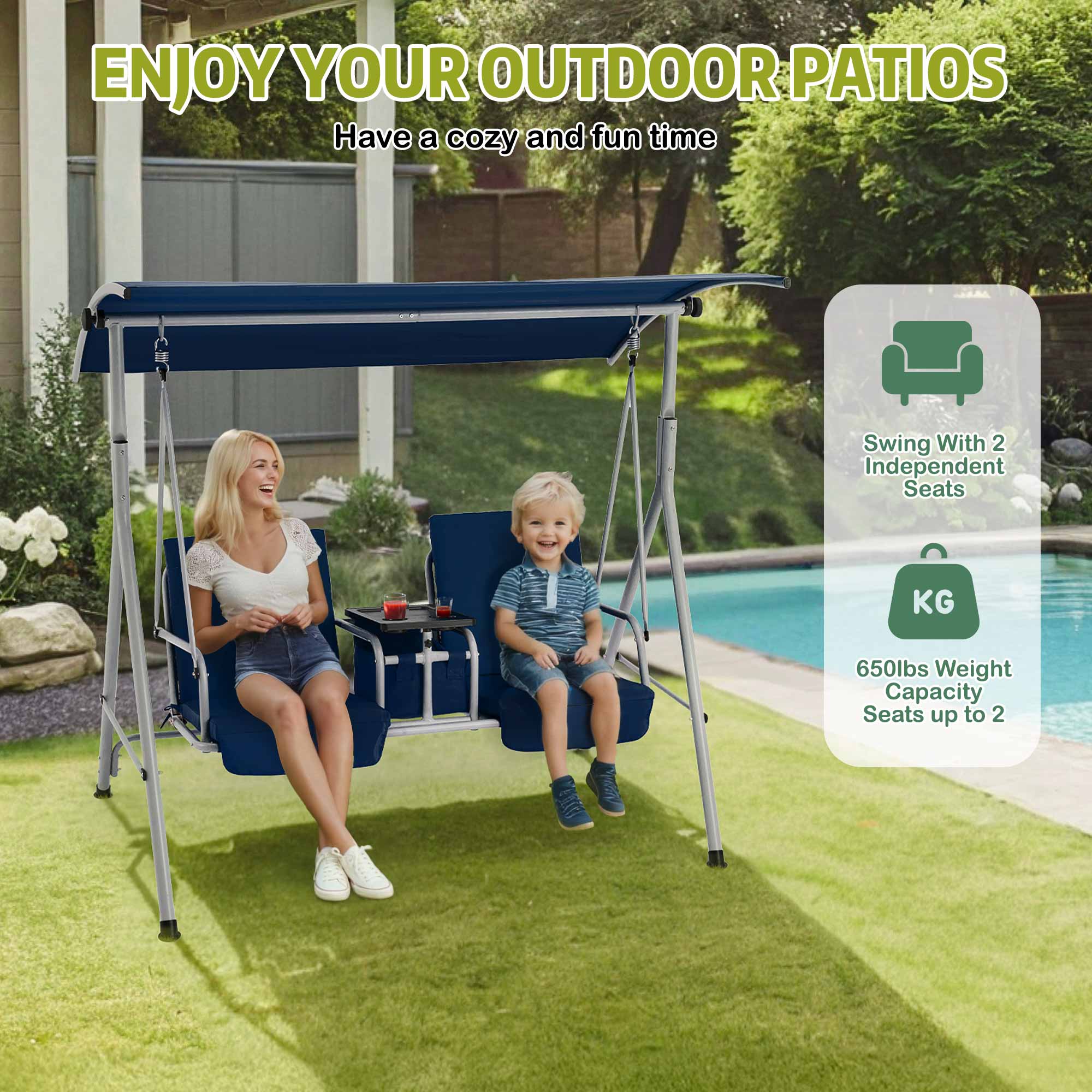 Homrest 2 Seat Outdoor Porch Swing with Adjustable Canopy, Navy Blue