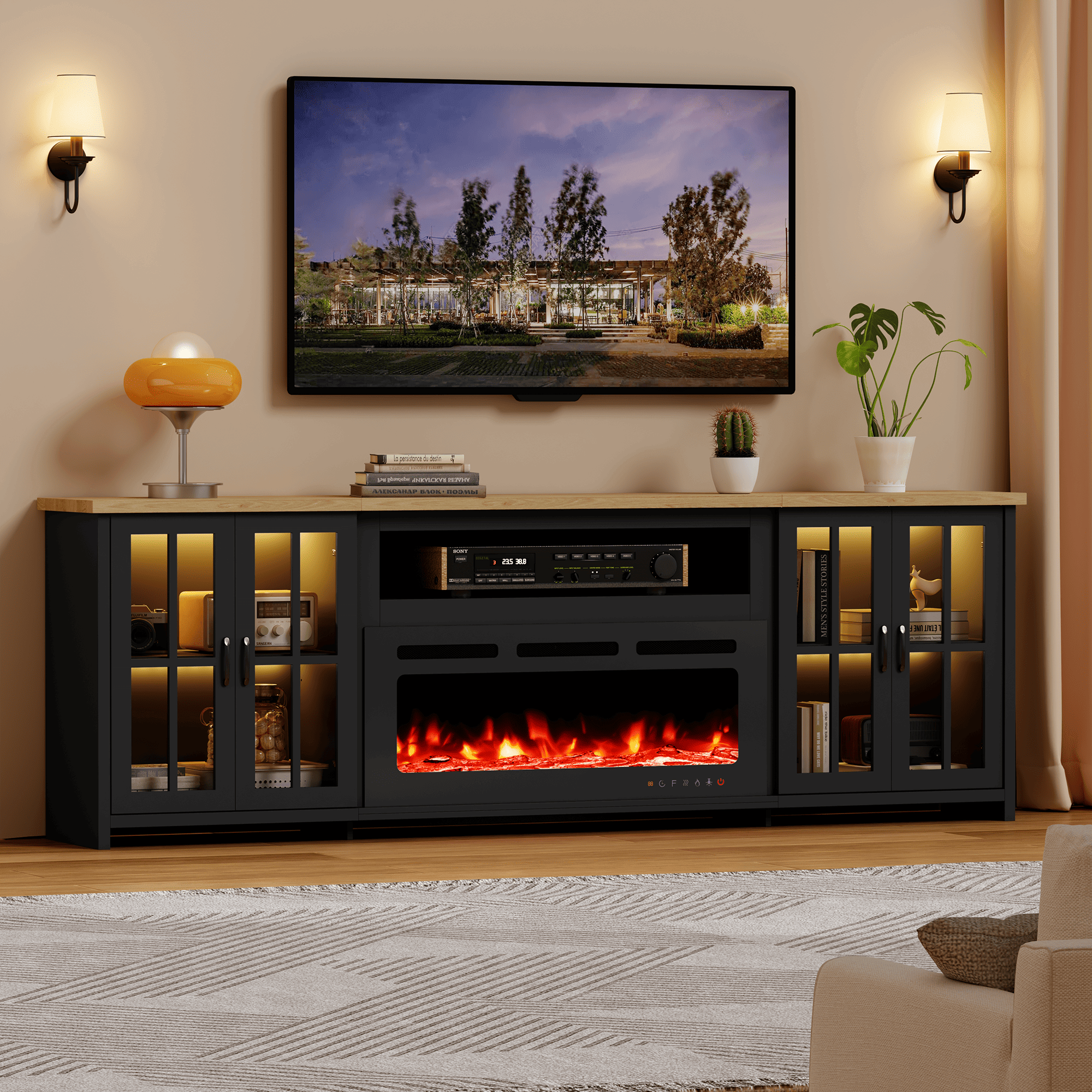 HOMREST 97 Inch Fireplace TV Stand with 42" Electric Fireplace, Fireplace Entertainment Center Media Console, Long TV Stand for Living Room, Television Stands for 100 Inch TV, Black