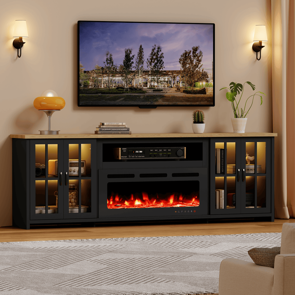 HOMREST 97 Inch Fireplace TV Stand with 42" Electric Fireplace, Fireplace Entertainment Center Media Console, Long TV Stand for Living Room, Television Stands for 100 Inch TV, Black
