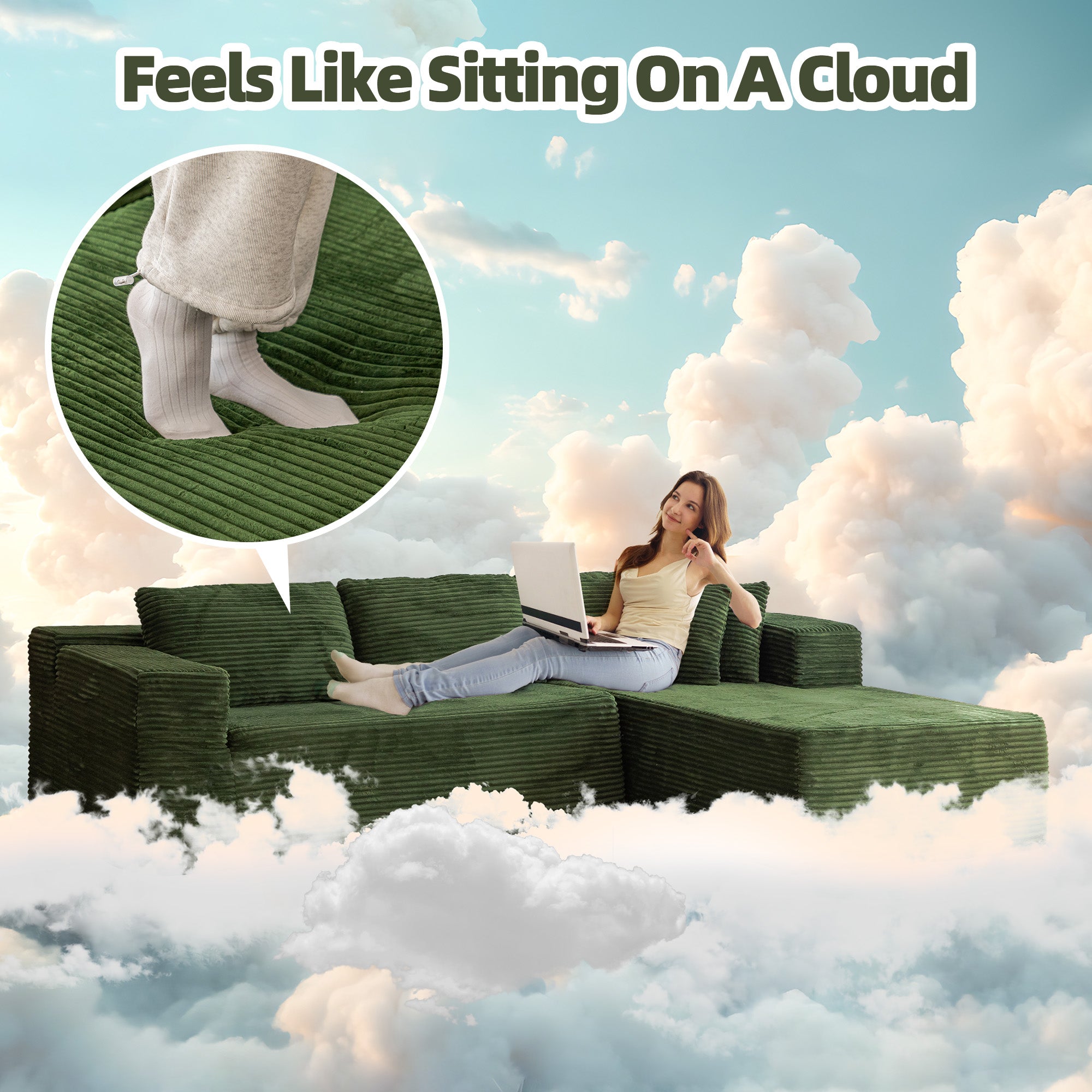 HOMREST 106 inch Cloud Sectional Couch with Chaise Lounge for Living Room, Corduroy Fabric, Green