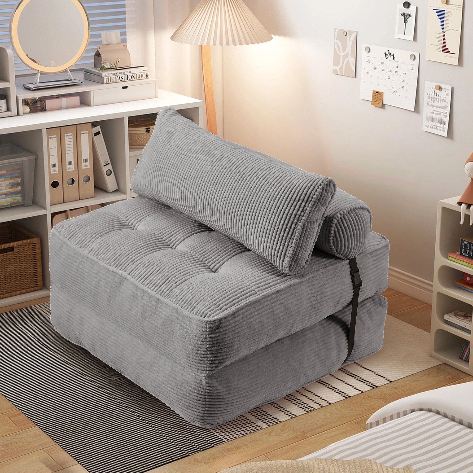 HOMREST Folding Out Chair Bed, Convertible Sofa Bed with 2 Pillows, Gray Blue