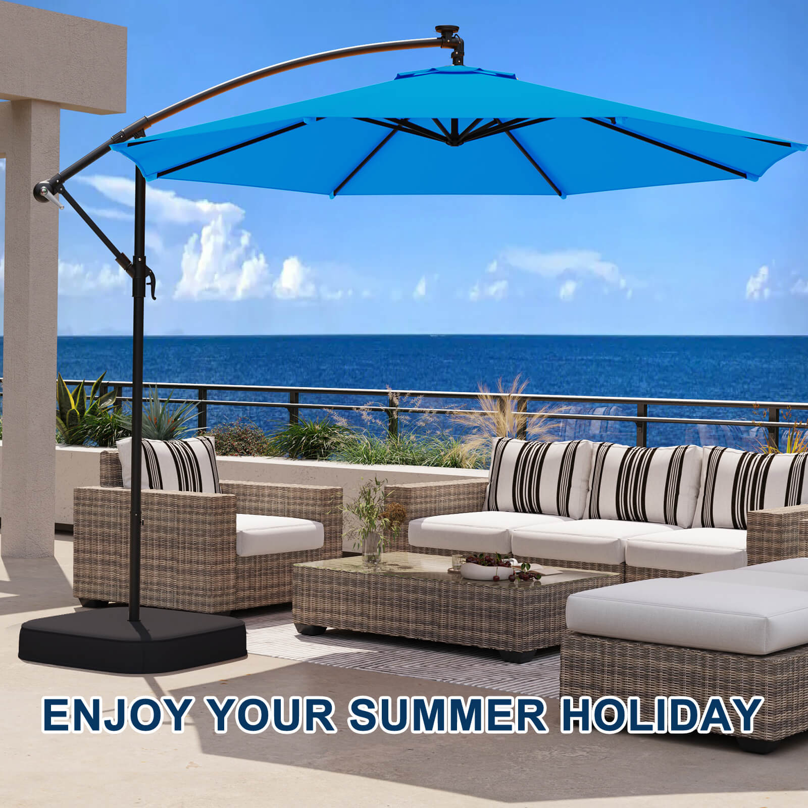 Homrest 10ft Patio Umbrella with Base, Outdoor Offset Cantilever Umbrella, Infinite Tilt, Rolay Blue