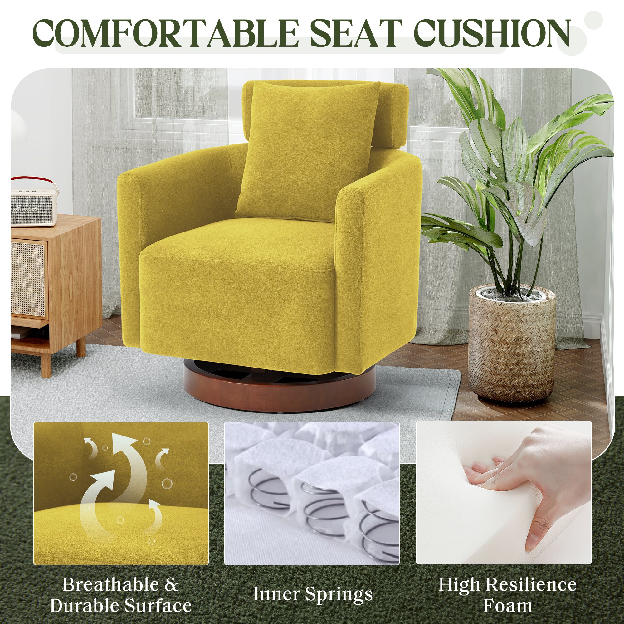 HOMREST Swivel Accent Chair, Armchair Barrel Chair with Adjustable Headrest Swivel Chair for Living Room Bedroom, with 360° Rotation and Thick Cushion, Mustard Yellow
