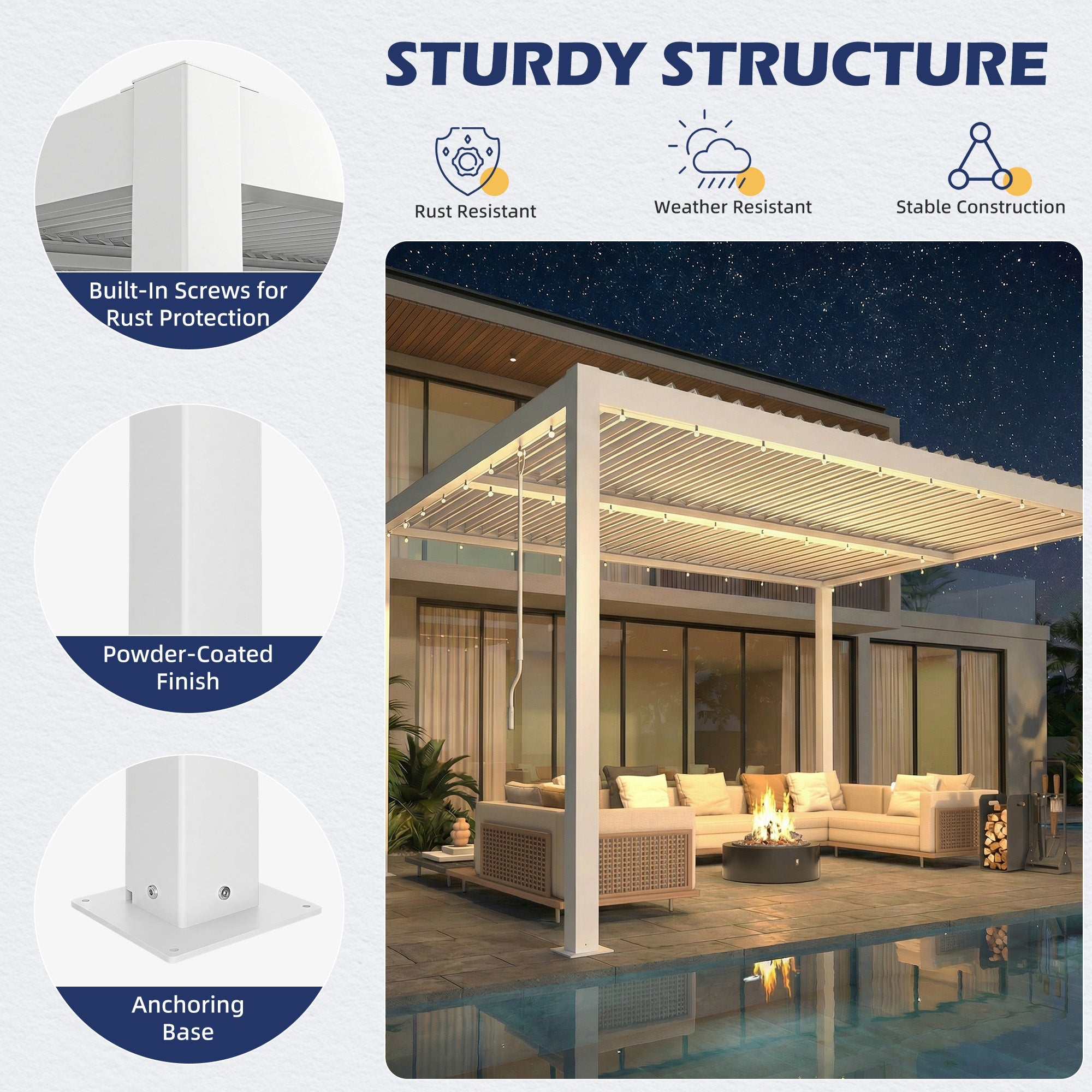 HOMREST 10' x 12' Outdoor Pergola with Adjustable Louvered Roof & Integrated Drainage, Heavy-Duty Metal Louvered Pergola for Patios, White