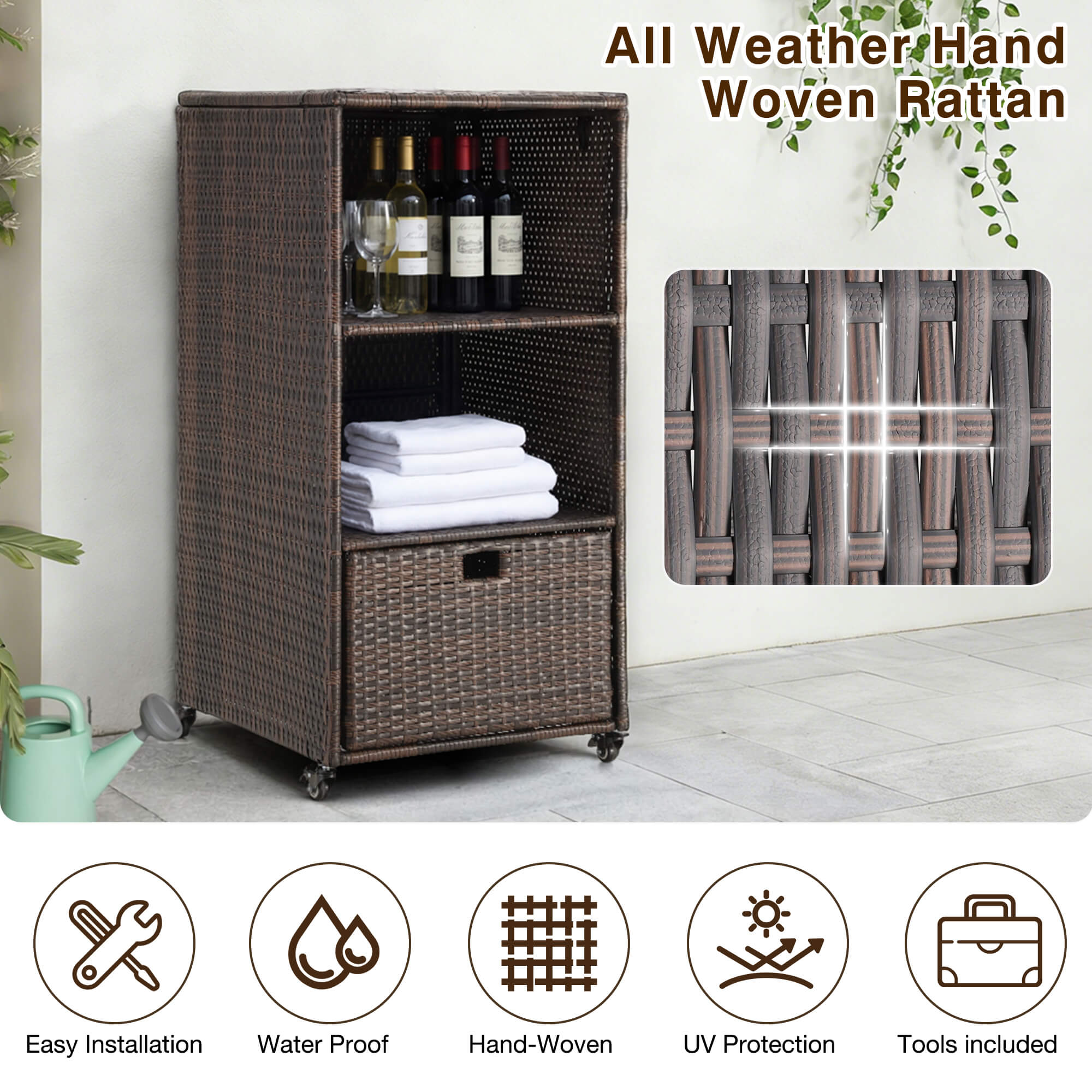 HOMREST Outdoor Pool Towel Rack with Storage Cabinet, Waterproof PE Rattan Wicker Poolside Towel Organizer with Shelves & Drawer, Rolling Wheels Towel Valet Caddy, Brown