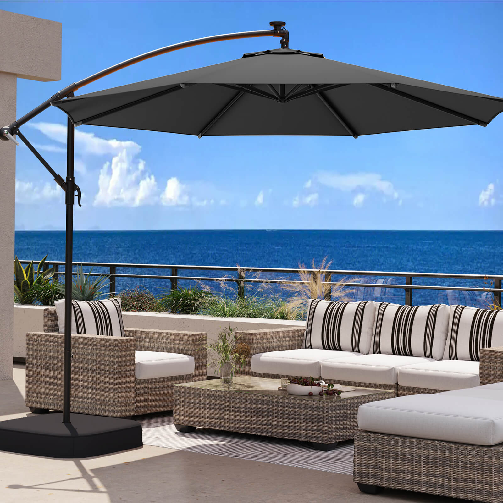 Homrest 10ft Patio Umbrella with Base, Outdoor Offset Cantilever Umbrella, Infinite Tilt, Grey