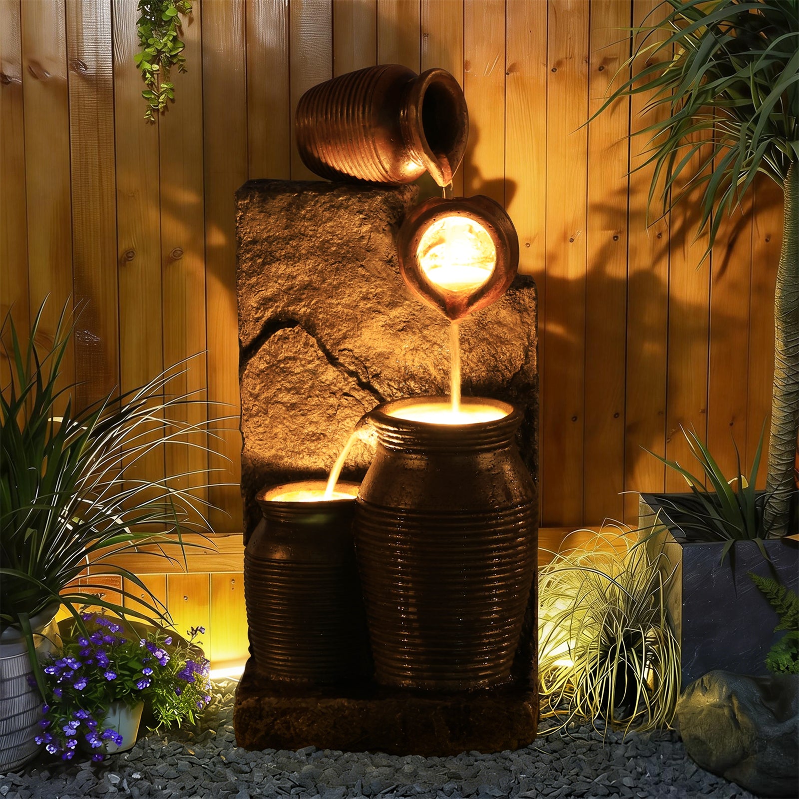 HOMREST 29.9"Tall Outdoor Solar Power Water Fountain - Resin Pottery Cascade Garden Water Fountain with LED Lights Effect  for Patio Deck Yard Home,Brown