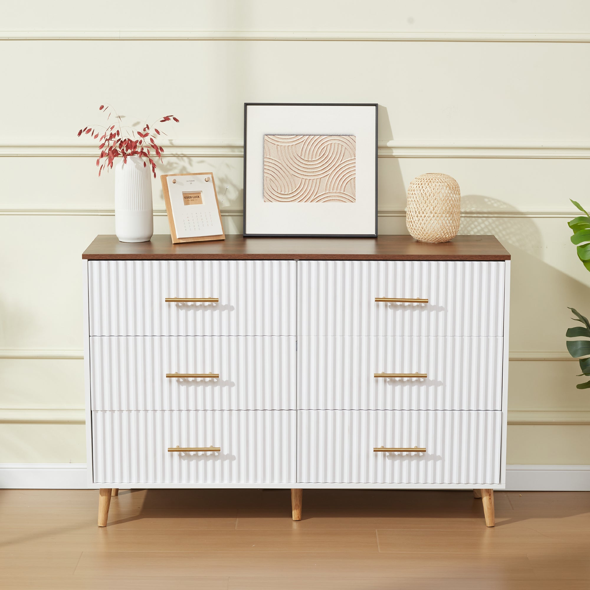 HOMREST 6 Drawer Dresser Modern Dresser Chest of Drawers with Fluted Panel, White