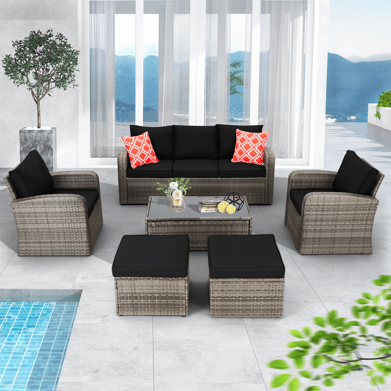 Homrest 6 Pcs Patio Furniture Sets with Coffee Table, Ottomans, Cushions & Pillows, Black