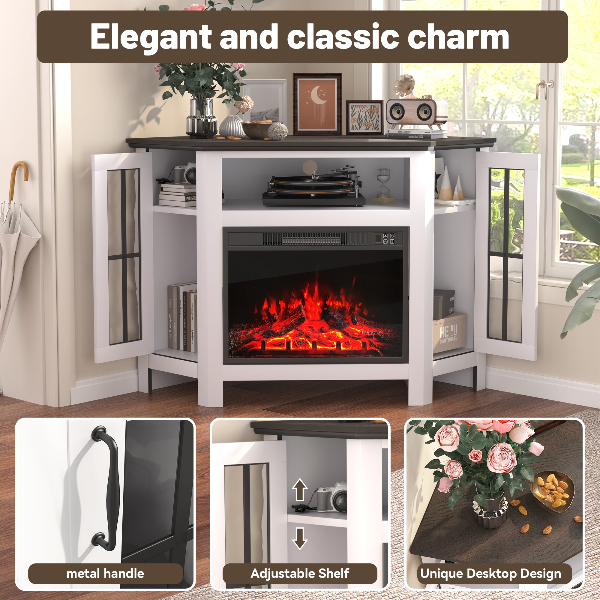 HOMREST 48" Deep Walnut Corner Fireplace Cabinet with 23" Electric Fireplace