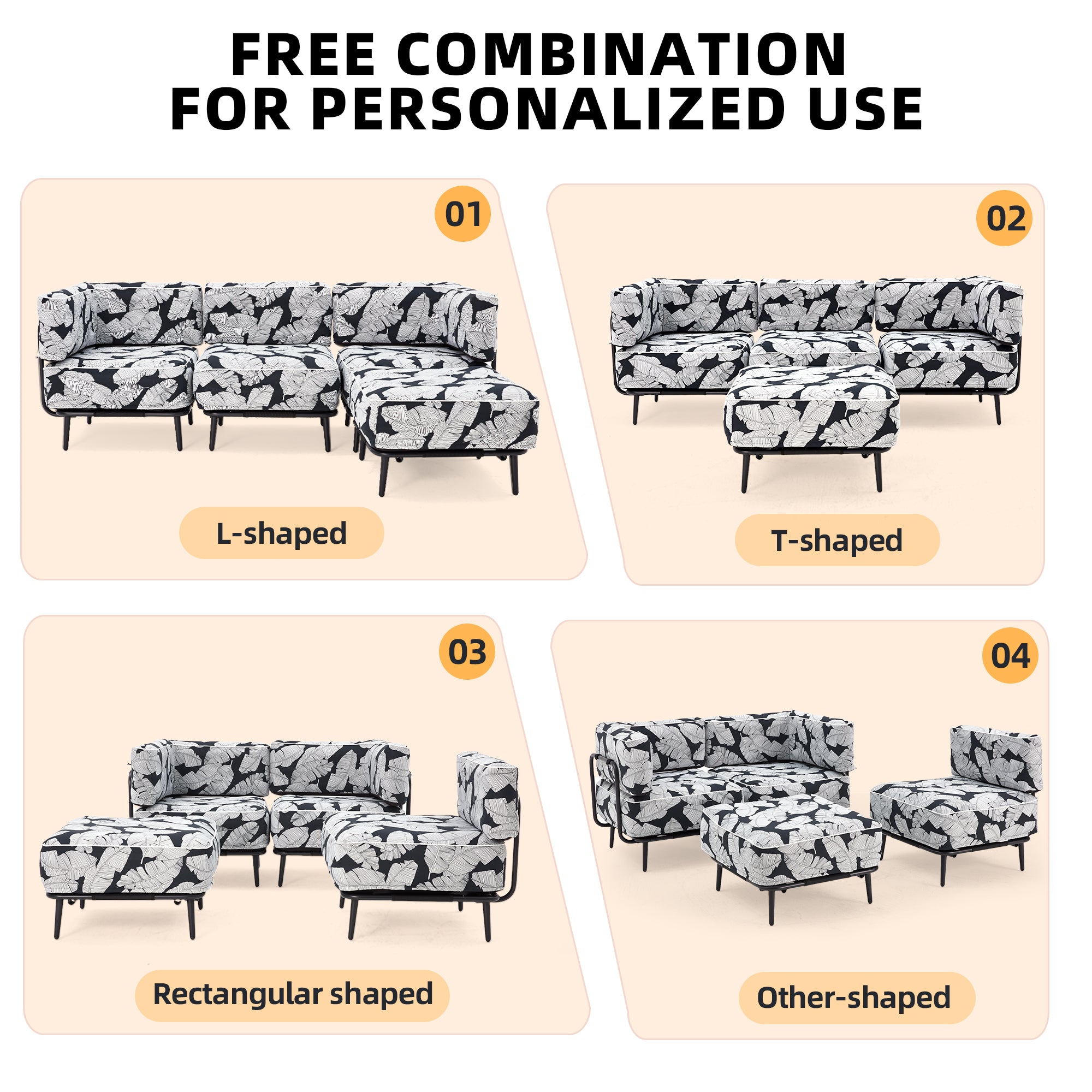 HOMREST 4-Piece Inflatable Couch Set, Portable Oxford Fabric Blow Up Couch Lounger, White Black Leaf Pattern