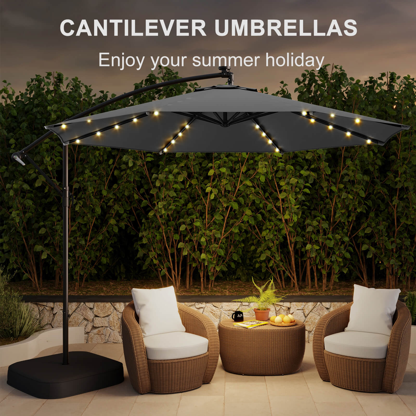 Homrest 10ft Solar Lighted Patio Umbrella with Base, Outdoor Cantilever Umbrella, Infinite Tilt,Grey