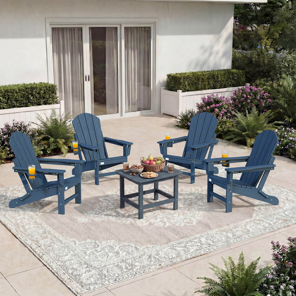 HOMREST 3-Position Adjustable Adirondack Chairs Set of 4, 400LBS HDPE Folding Outdoor Chairs with Cup Holder, Navy Blue