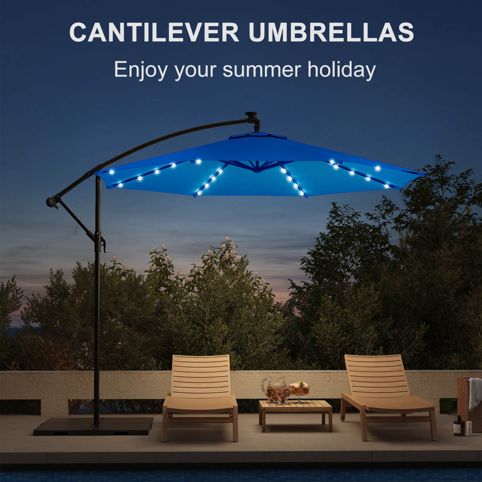Homrest 10ft Solar Lighted Patio Umbrella, Infinite Tilt, Crank and Cross Base, Rolay Blue