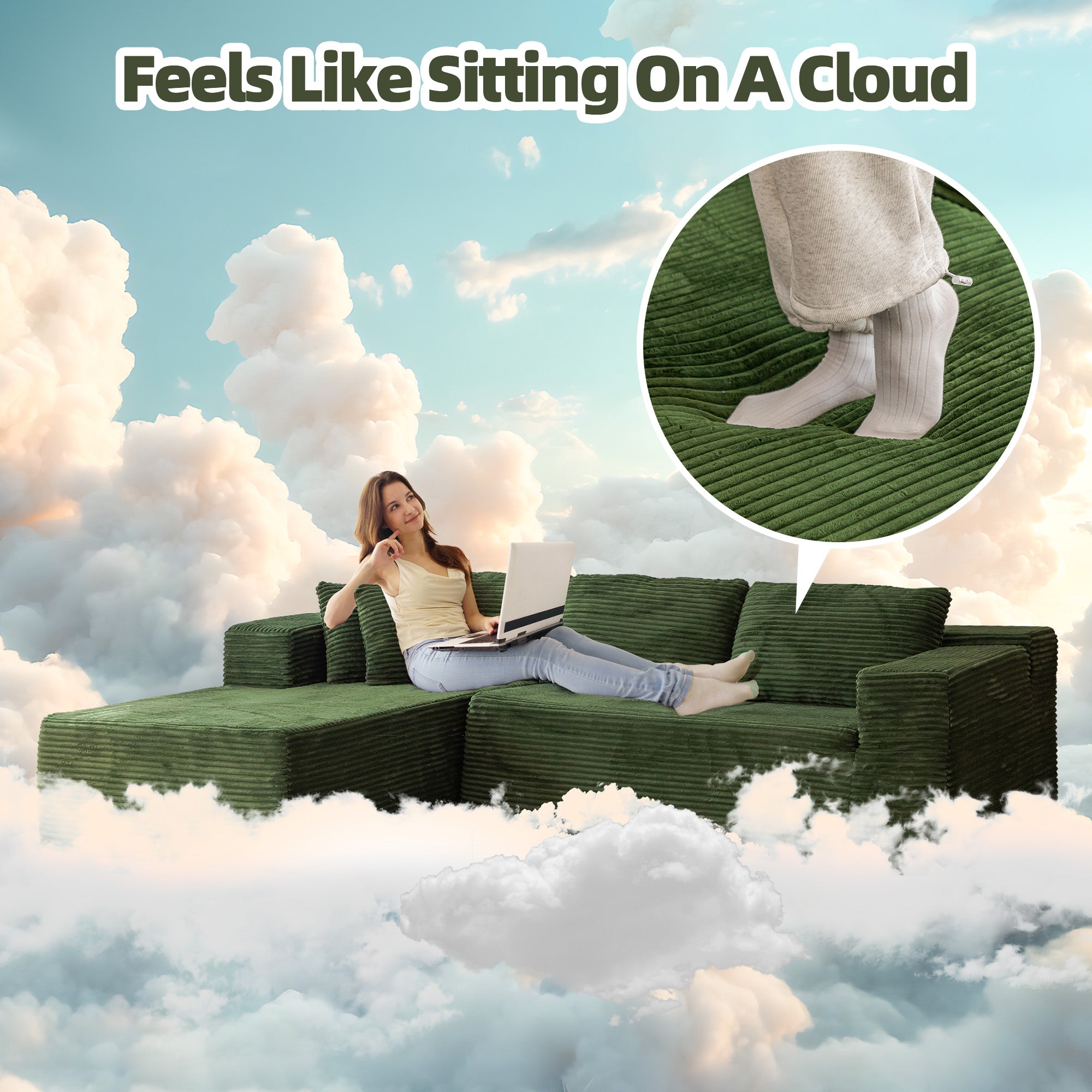 HOMREST 106 inch Cloud Sectional Couch with Chaise Lounge for Living Room Bedroom Apartment, Corduroy Fabric, Green