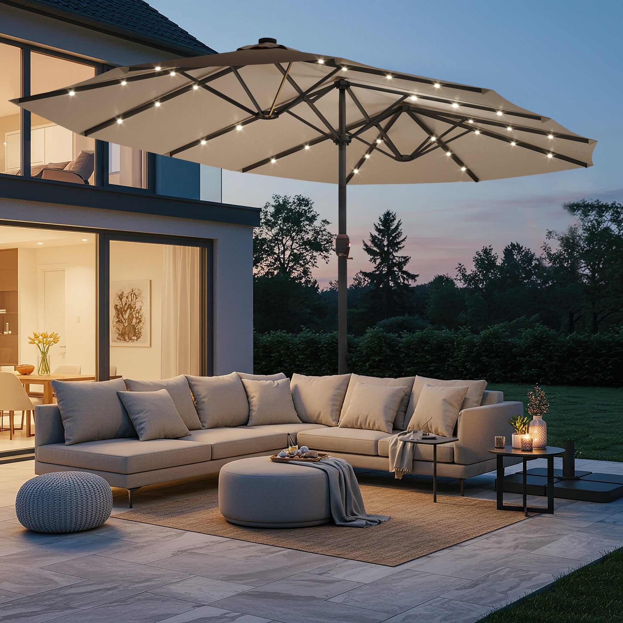HOMREST 15ft Large Double-Sided Patio Umbrella with Solar LED Lights, Outdoor Crank System, and Base – Perfect for Garden, Deck, Poolside, Beige