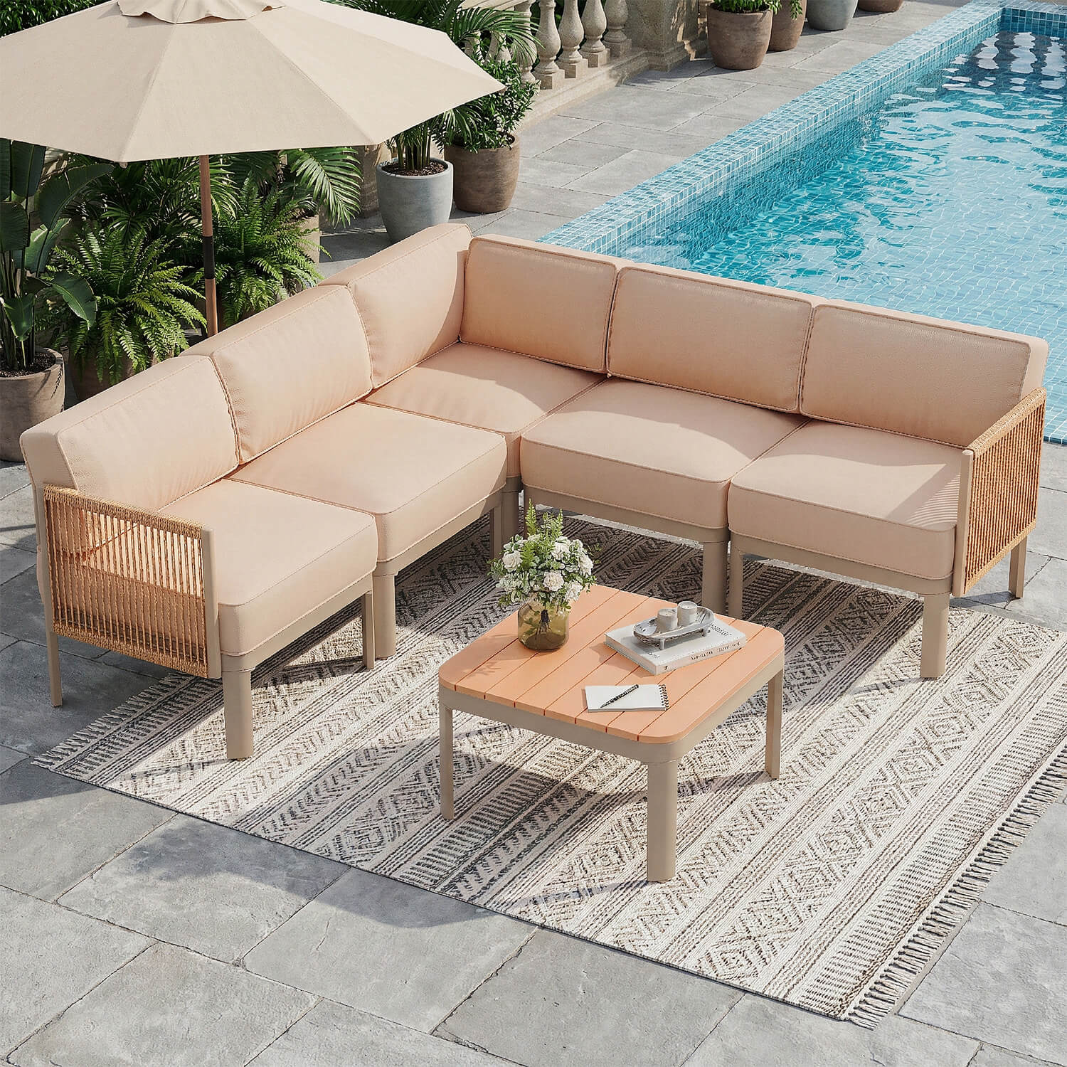 HOMREST 6-Piece Aluminum Patio Sectional Sofa Set, Outdoor Conversation Set with 6" Washable Thick Cushions & Coffee Table,  Beige