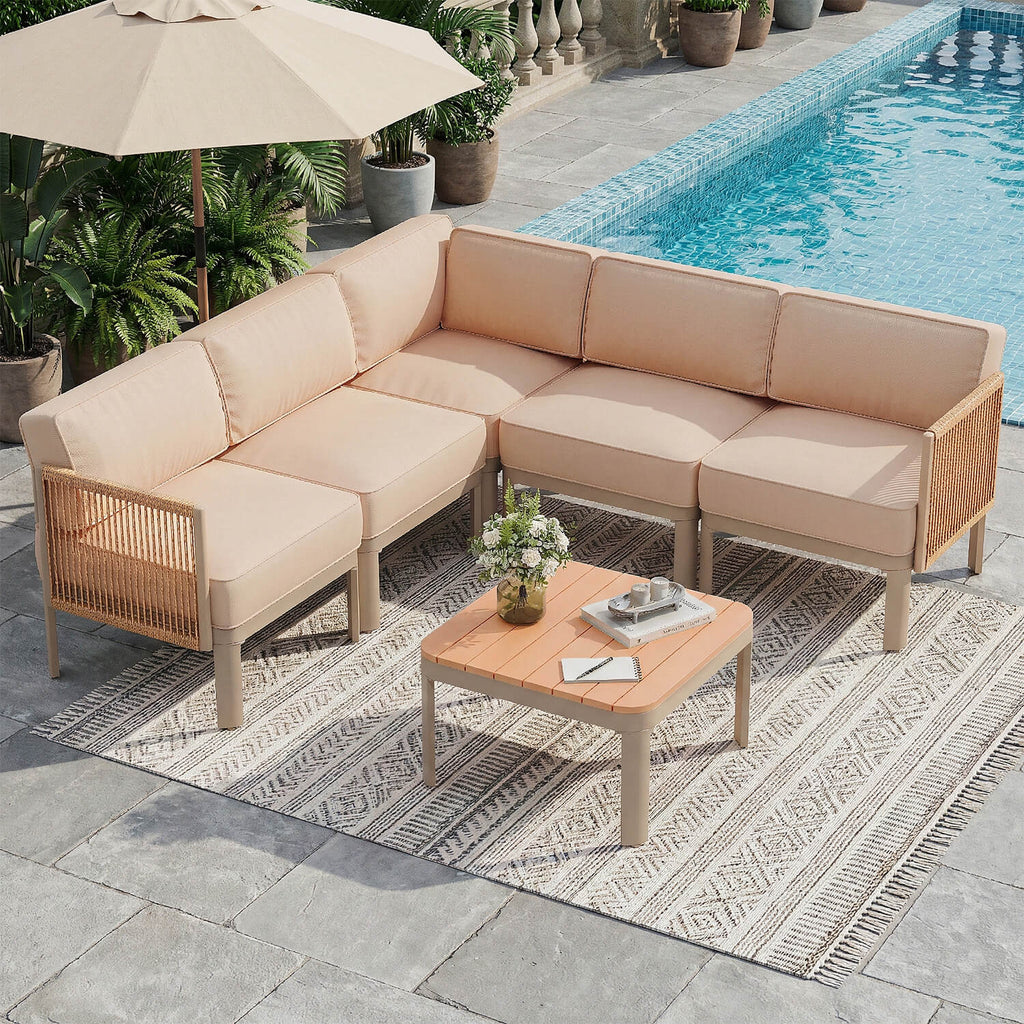 HOMREST 6-Piece Aluminum Patio Sectional Sofa Set, Outdoor Conversation Set with 6" Washable Thick Cushions & Coffee Table,  Beige