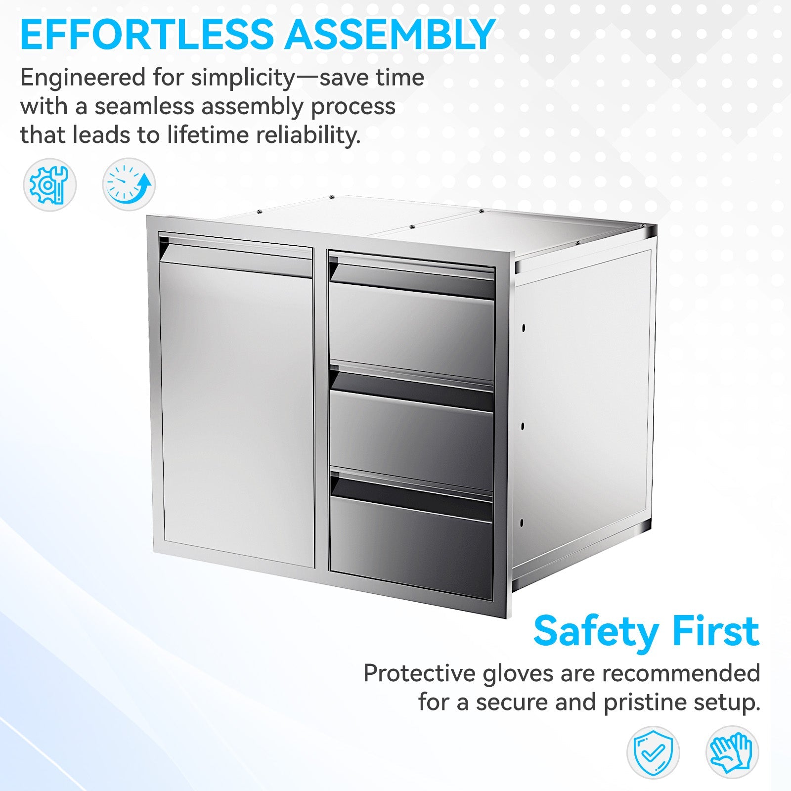 HOMREST Outdoor Kitchen Drawer and Trash Bin Combo - 28"Wx20"Dx23"H Built-in 304 Stainless Steel Cabinet with Triple Drawers & Pull-Out Trash Drawer, Silver