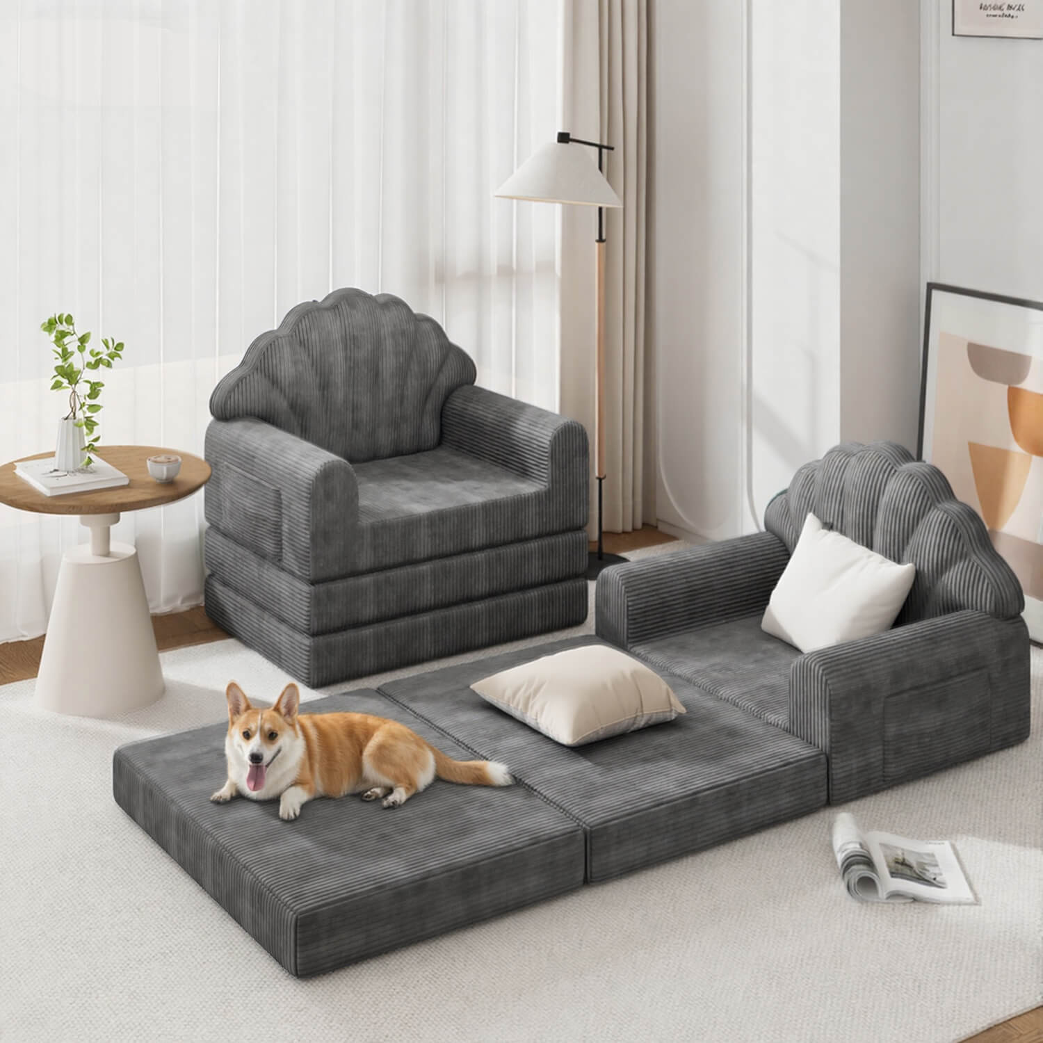 HOMREST 2-in-1 Folding Sofa Bed with Back Support, 75" D x 34" W Convertible Futon Sleeper Chair for Living Room Bedroom Small Spaces, Gray