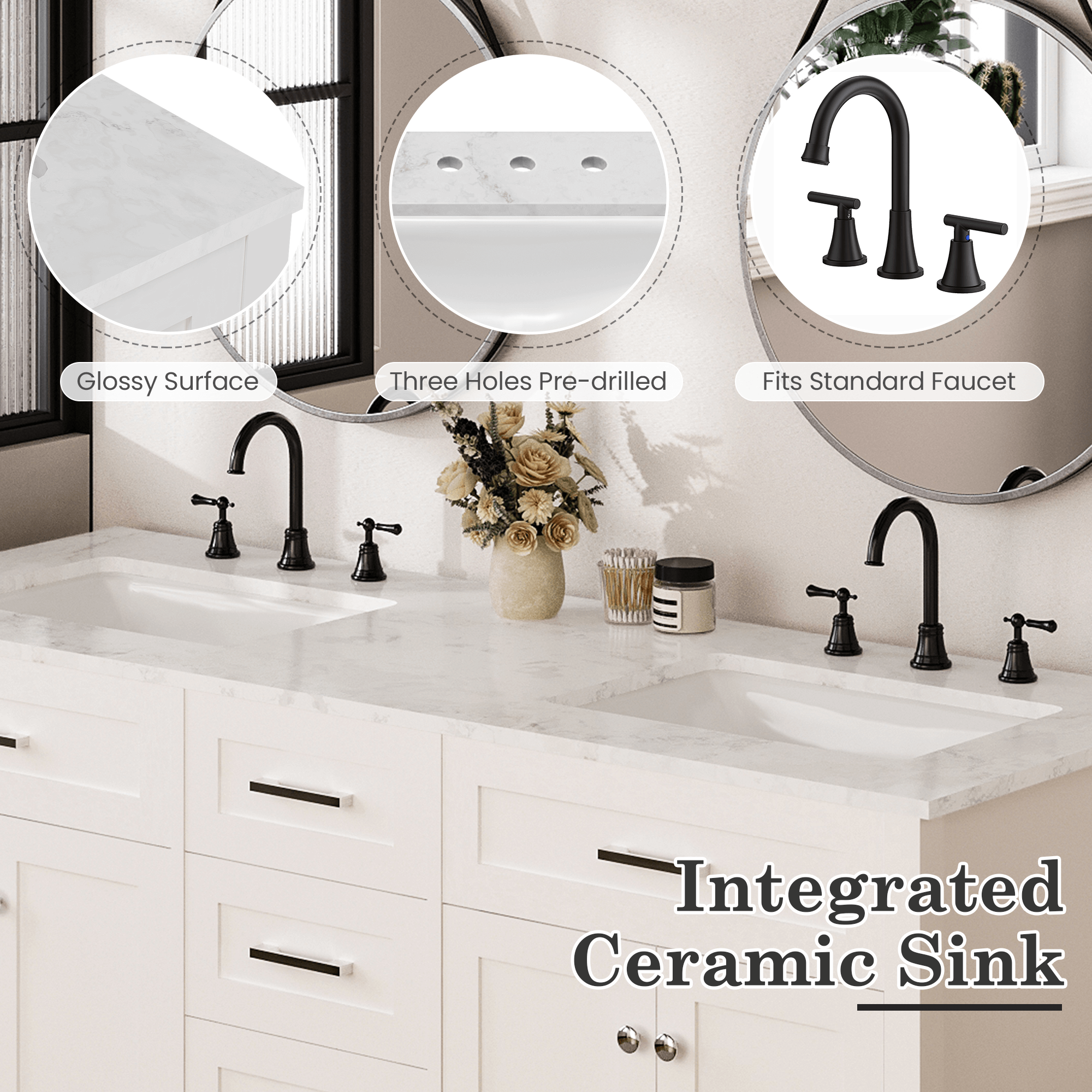 HOMREST 60" Double Bathroom Vanity with Engineered Stone Top, Modern Sink Vanity with Drawers, White