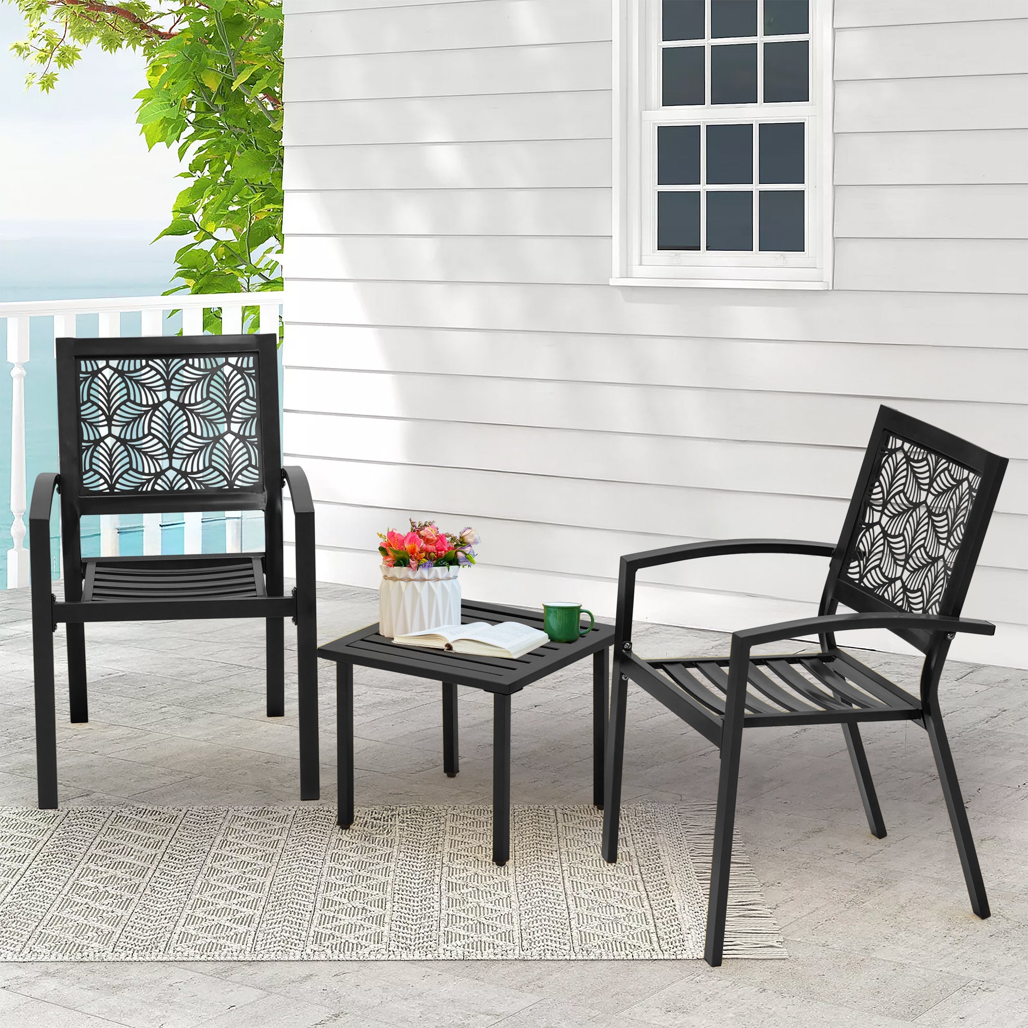 HOMREST 3-Piece Outdoor Bistro Set – Metal Chairs & Table, Black