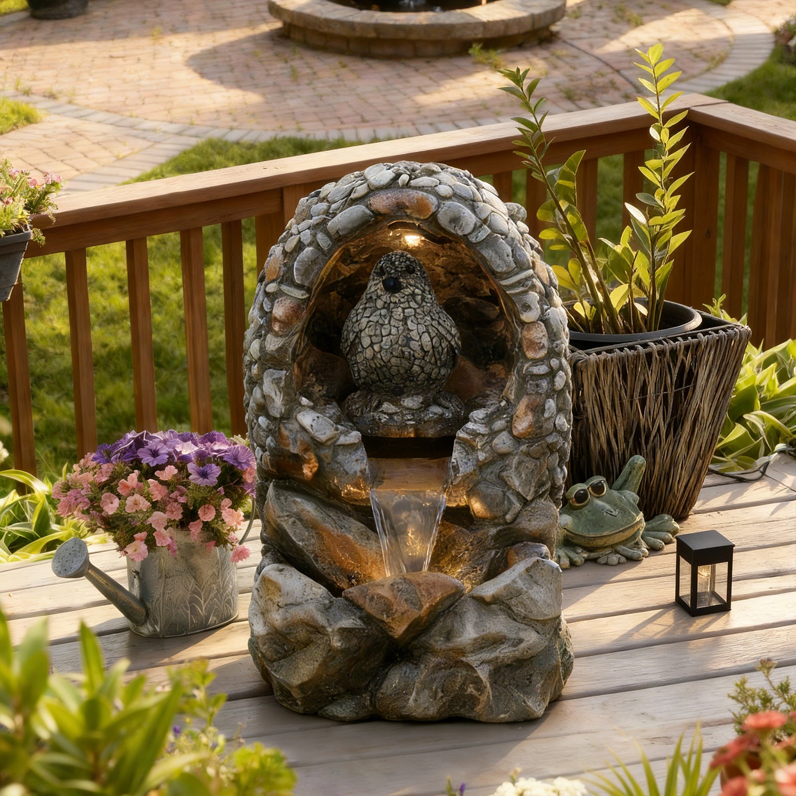 HOMREST Outdoor Water Fountain - Rock-Hollow Bird Outdoor Waterfall Fountain with LED Lights Effect for Patio Deck Yard Home,Gray