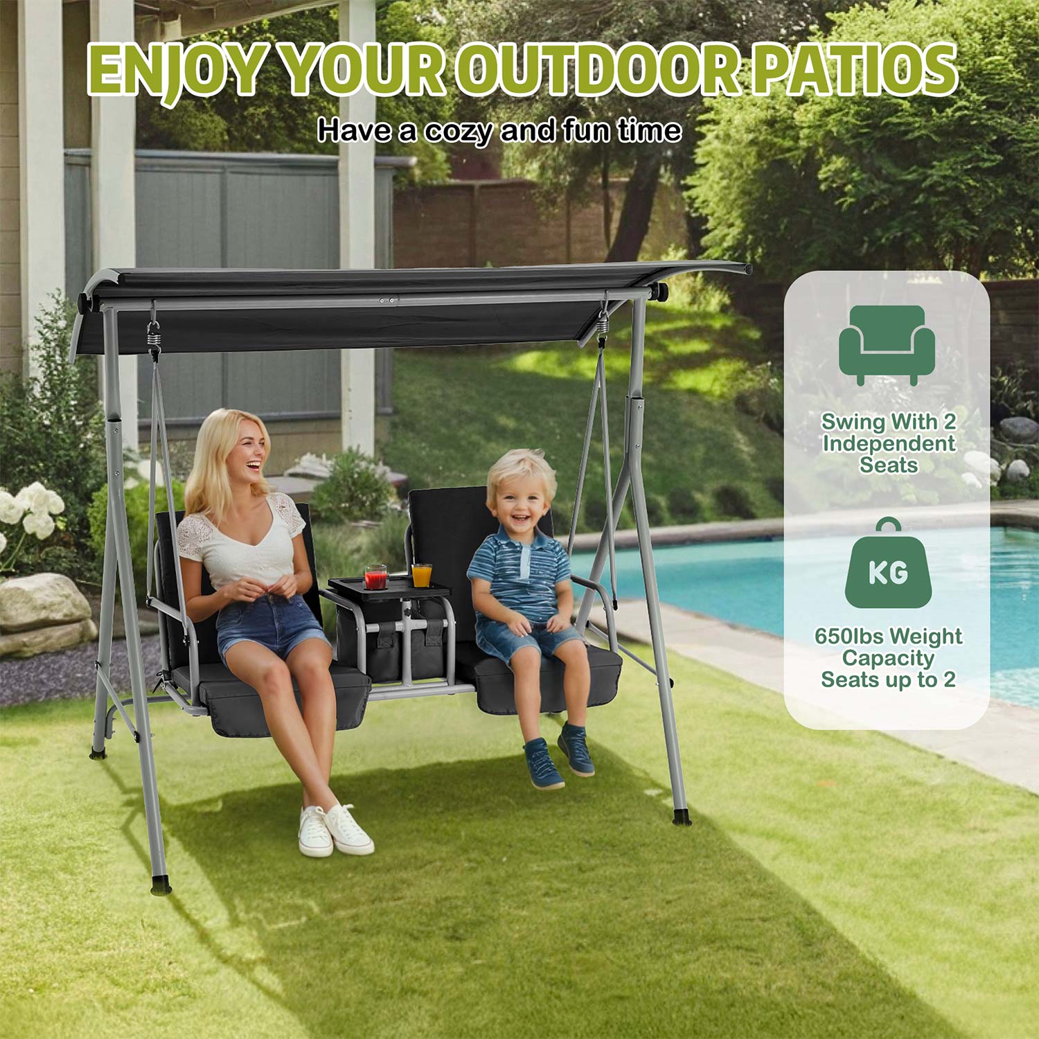 Homrest 2 Seat Outdoor Porch Swing with Adjustable Canopy and Cup Holders, Black