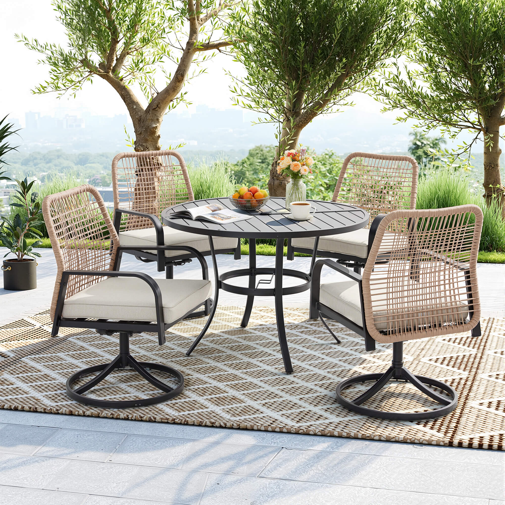 HOMREST 5-Piece Outdoor Dining Set, 4 Swivel Rattan Chairs with Thick Removable Cushions, Round Dining Table with Umbrella Hole