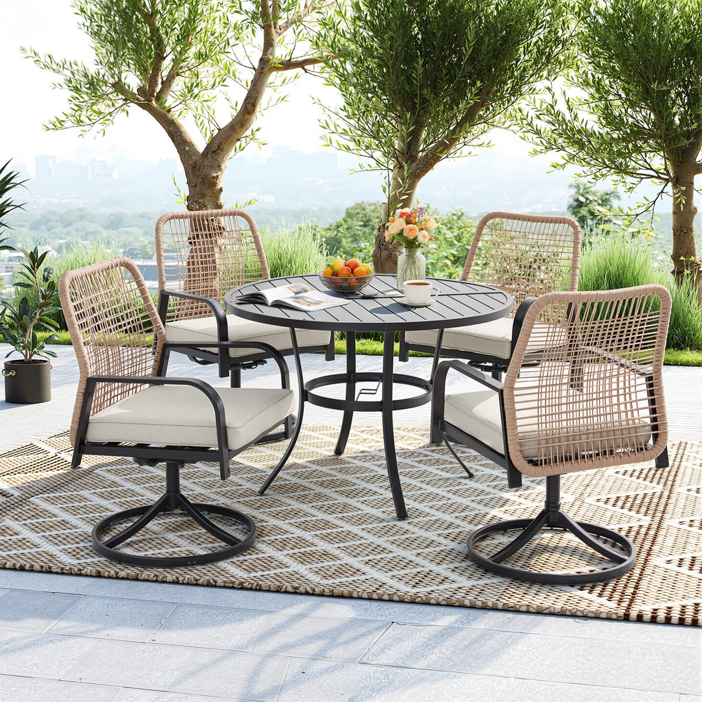 HOMREST 5-Piece Outdoor Dining Set, 4 Swivel Rattan Chairs with Thick Removable Cushions, Round Dining Table with Umbrella Hole