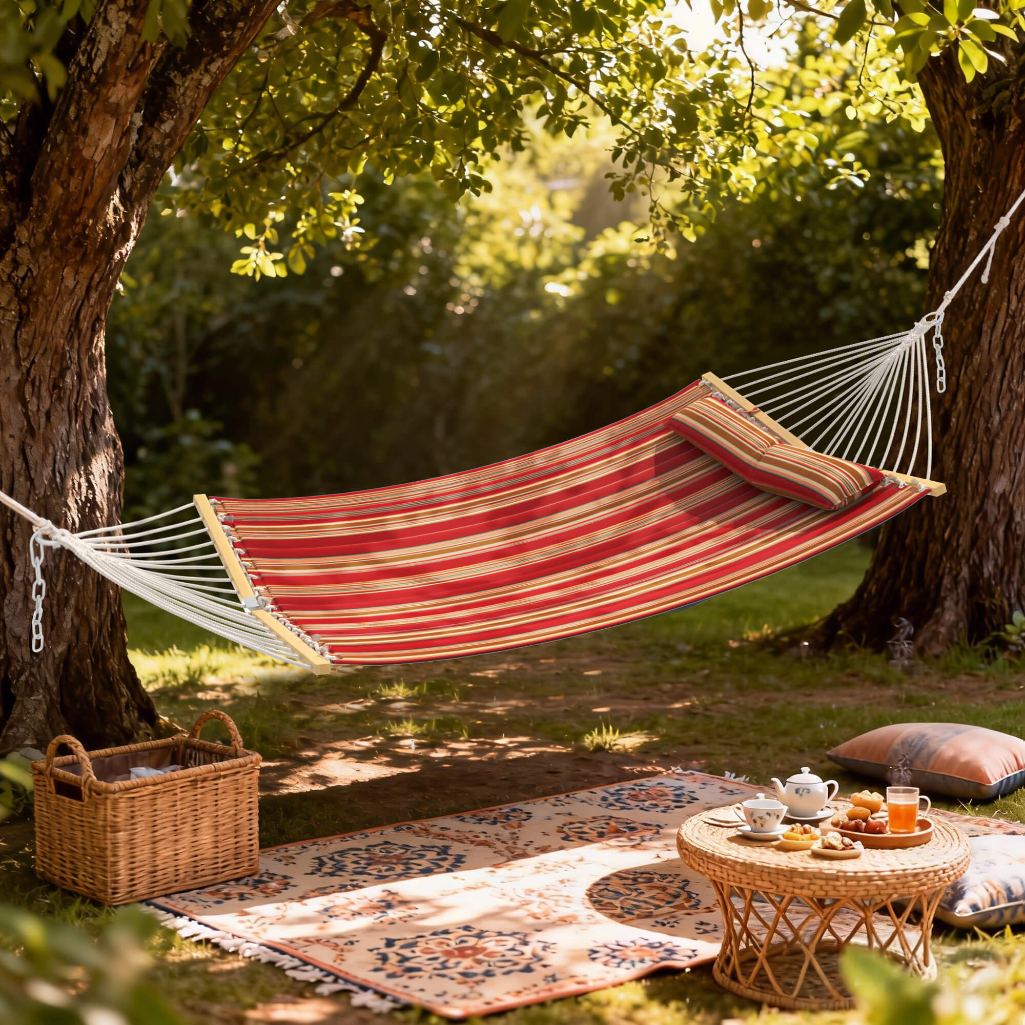 HOMREST Modern Portable Hammock, Outdoor Rope Hammock for Backyard, Beach & Camping, Red Stripes