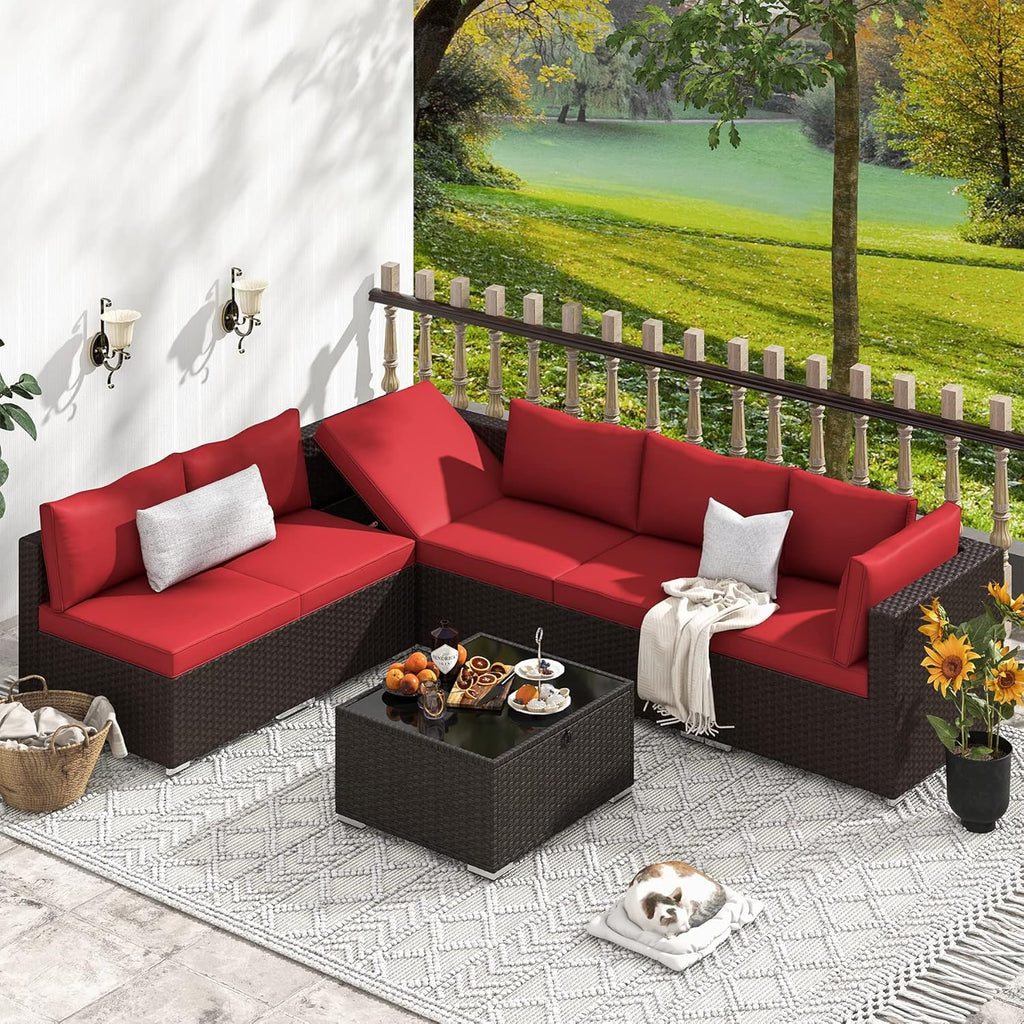 HOMREST 7 Pcs Outdoor Rattan Furniture Set with Coffee Table, Wine Red