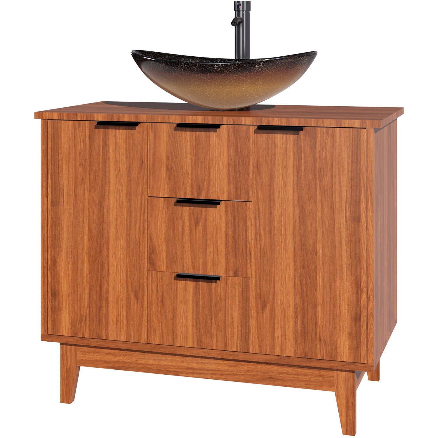 HOMREST 36 Inch Bathroom Vanity with Sink Combo, Bathroom Vanity with 3 Soft-Close Drawers, 2 Doors & Boat Glass Sink, Rustic Bathroom Cabinet Includes Adjustable Shelf, Water Tap & Sink Accessories