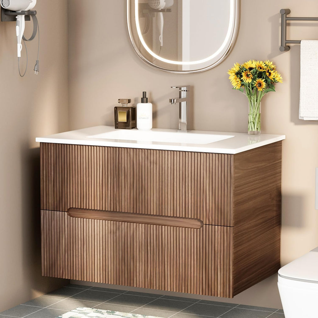 HOMREST 30 Inch Bathroom Vanity with Sink, Floating Bathroom Vanity with Ceramic Basin, Wall Mounted Bathroom Sink Cabinet Set with Soft-Close 2 Drawers, Faucet & Pop Up Drain, Walnut