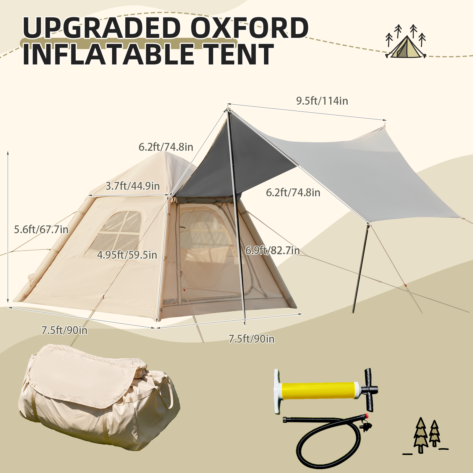 HOMREST 2-4 Persons Inflatable Camping Tent with Pump & Extended Canopy, Easy Set-up, Oxford Portable Free-Standing Family Cabin Tent
