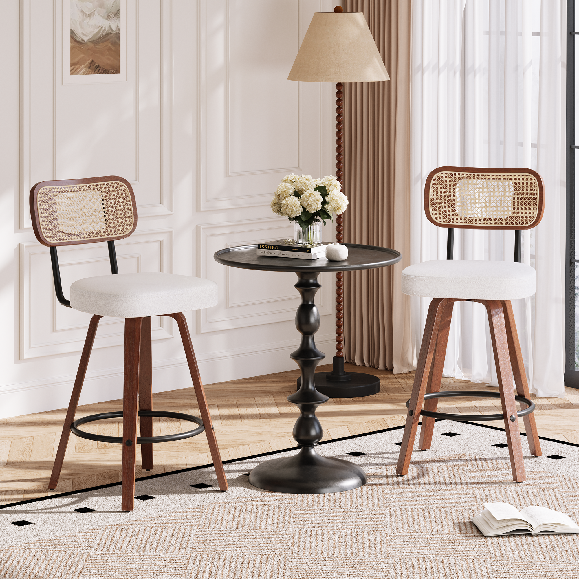 HOMREST Swivel Upholstered Rattan Back Counter & Bar Stool, Bar Chair With Solid Wood Frame And Metal Footrest (set Of 2), Beige