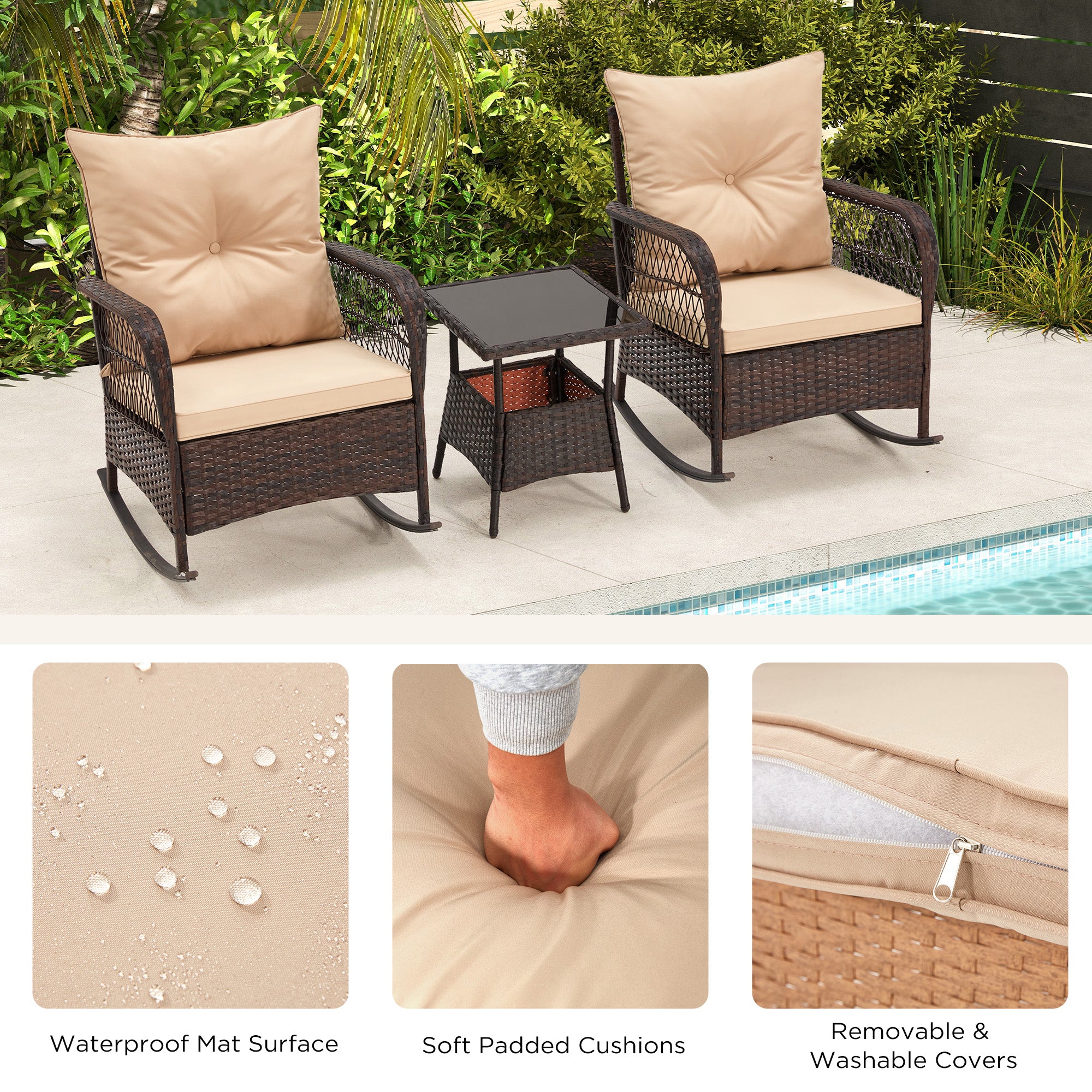 HOMREST 3 pcs Rocking Bistro Set, Outdoor PE Rattan Rocking Chairs with Tempered Glass Coffee Table