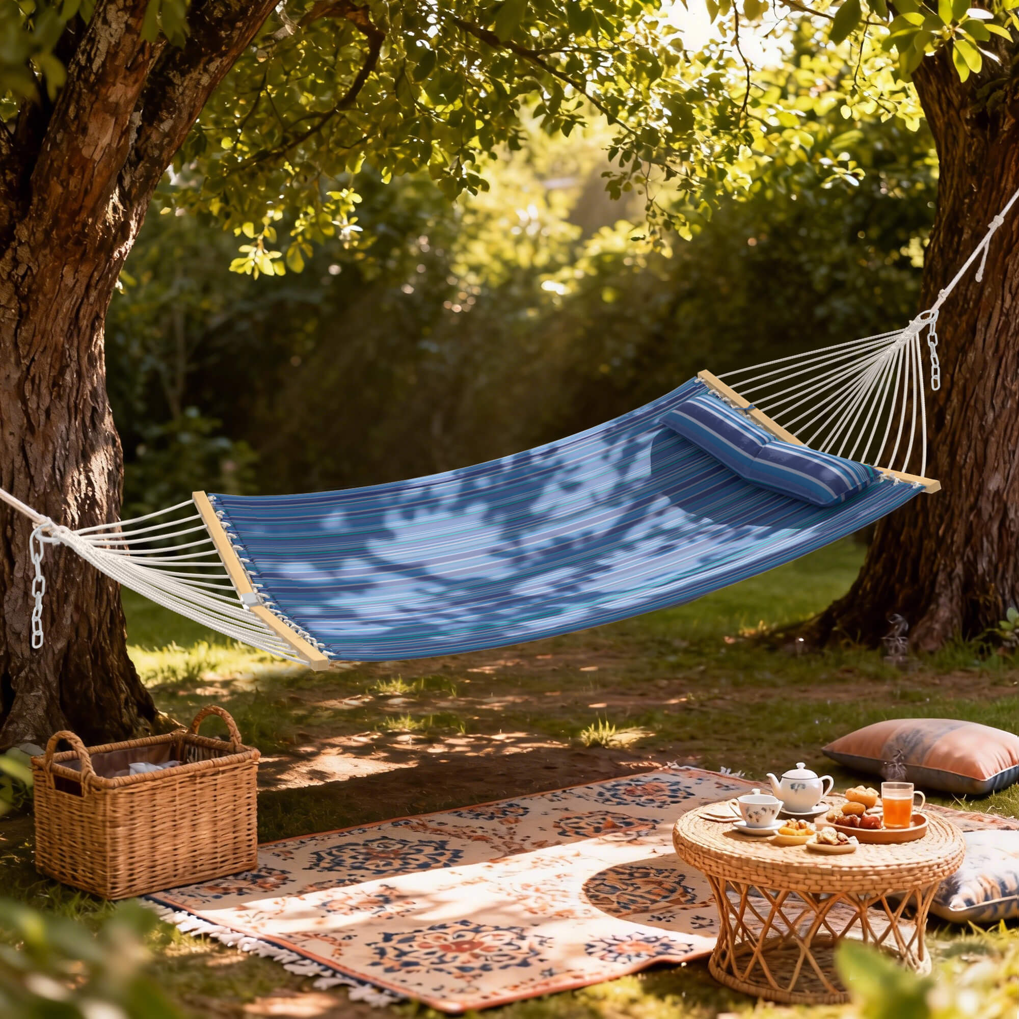 HOMREST Modern Portable Hammock, Outdoor Rope Hammock for Backyard, Beach & Camping, Blue Stripes