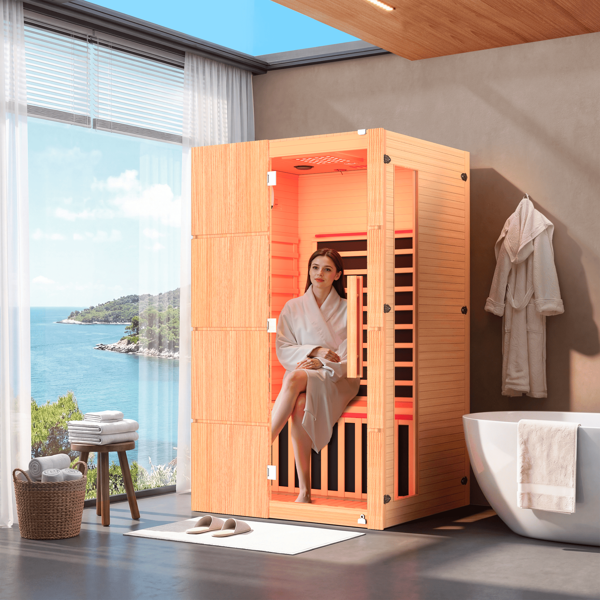 HOMREST 2-Person Indoor Infrared Sauna for Home, Far Infrared Sauna with Red Light Therapy, Chromotherapy Lighting, 6 Carbon Heaters & Bluetooth Speaker, Natural Wood